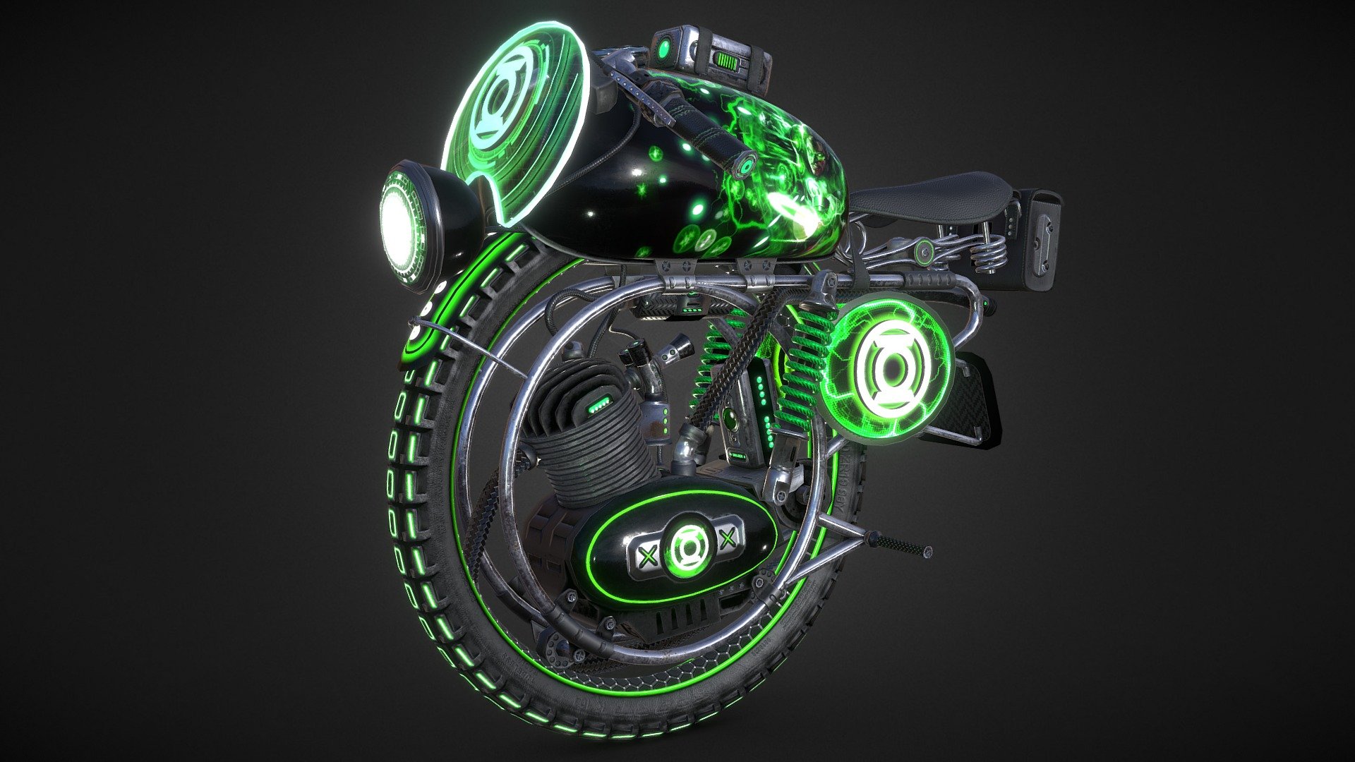 Here is my participation in the Texturing Challenge, I wanted to be original by making the green lantern bike, staying on black and neon green colors. I tried to put as many details as possible to have a realistic model. Hope you will like this textured model.

> Willpower is the greatest energy there is in the universe.

&mdash;Xbp28&mdash;



Based on Monobike (UV Fix) by Warkarma, Monobike by romullus, and Motowheel by Costr (Viverna), licensed under CC-Attribution.