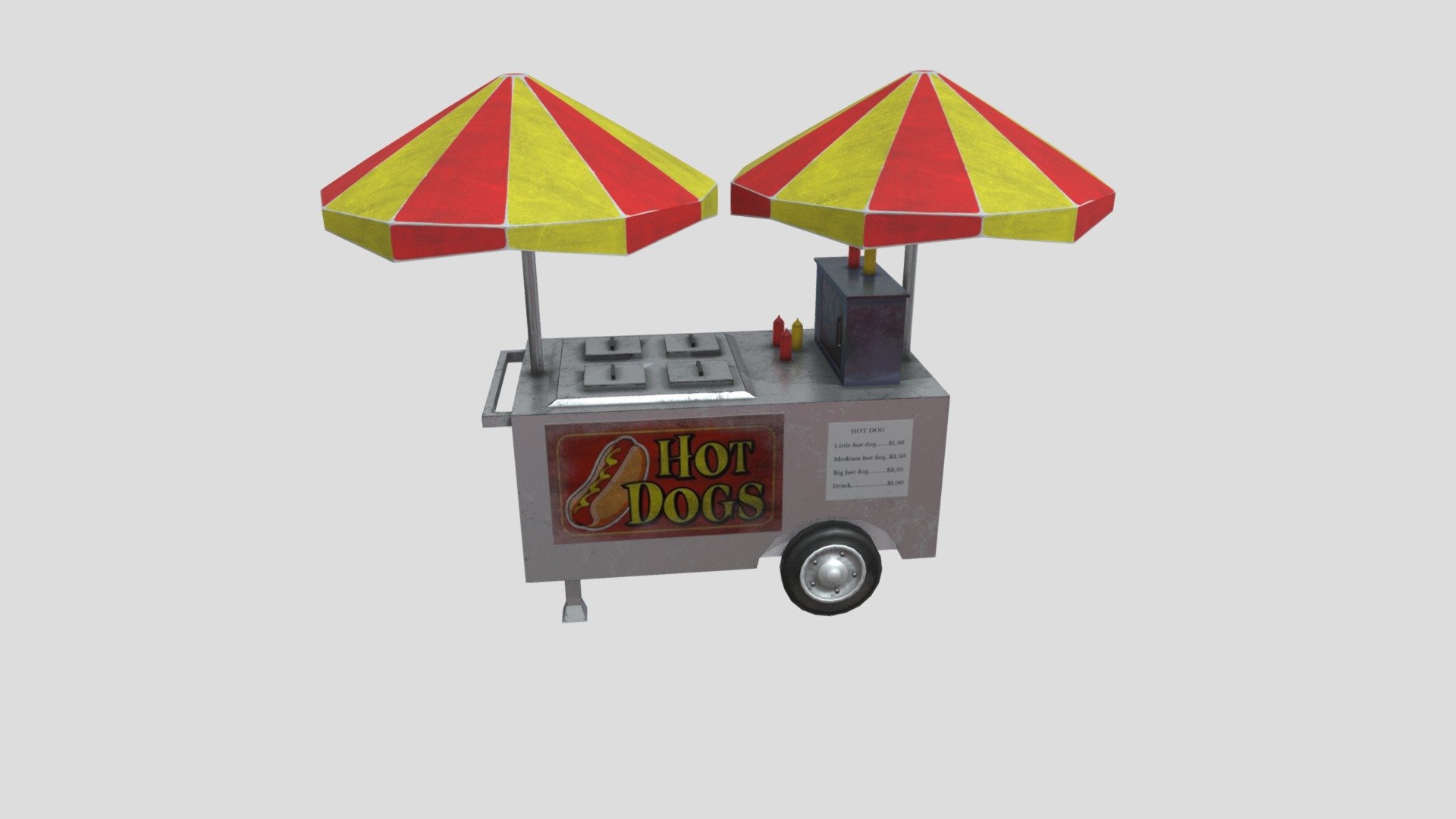 

Specialized mobile cart for hot dogs to prepare and sell street food, especially hot dogs.


Features:




Low poly



Game ready

Optimized

Grouped and nomed parts

All formats tested and working

Textures included and material aplied

Easy to modify

The model is unwrapped

Texture PBR MetalRough 2048x2048
