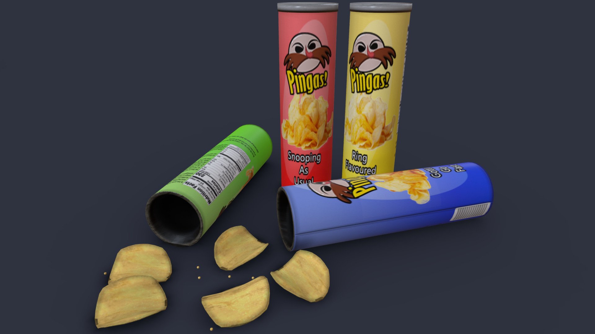 SnooPINGAS usual I see!

Entry for weekly challenge, on the topic of snacks.

Quite literally had this idea in the shower, I can't use illustrator to save my life, but my shape editing in photoshop are getting good at least!
Modelled in Blender, textured in Substance Painter and detailed using Photoshop.

Purchase files include PBR (specular) textures and seperated meshes in FBX format, along with a .blend.