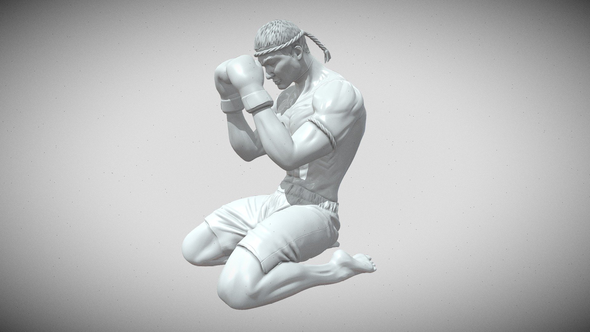 For ease of printing and assembly, the fighter is divided into parts: head, torso, arms, gloves, hips and legs.
the overall size is 120mm, but you can change it to your liking.

there is also an obj file, where it is divided into parts, but all the parts are together in one file. And an additional stl file, where the fighter is completely combined, if you want to print it as a single element.