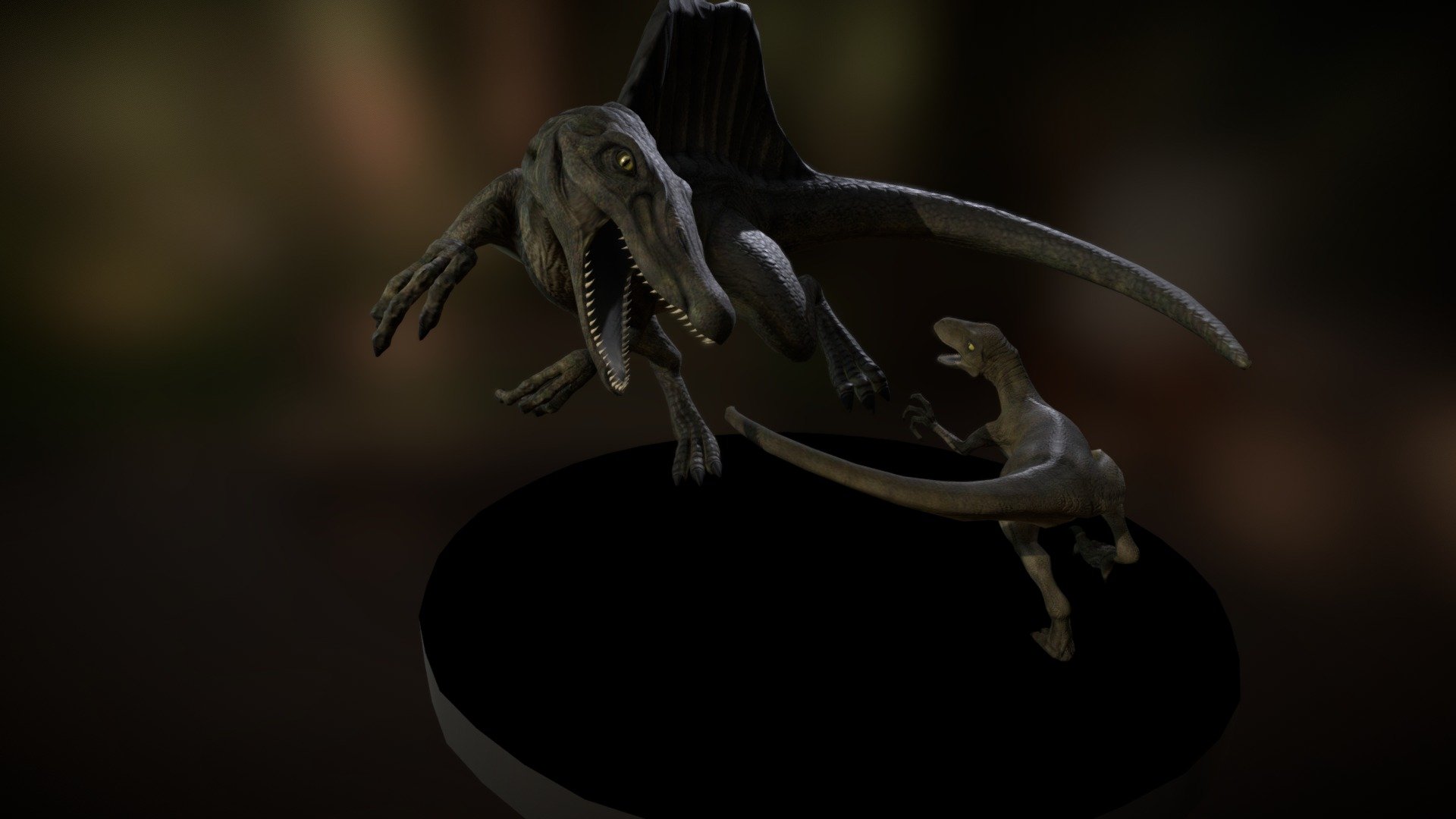 3d scene of dinosaurs fighting