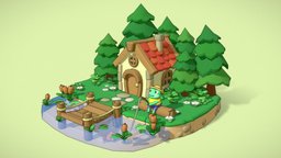 Cute Fishing Frog scene, cute, frog, pond, nature, froggy, pinetrees, lowpoly, house, stylized, simple, bridge, noai