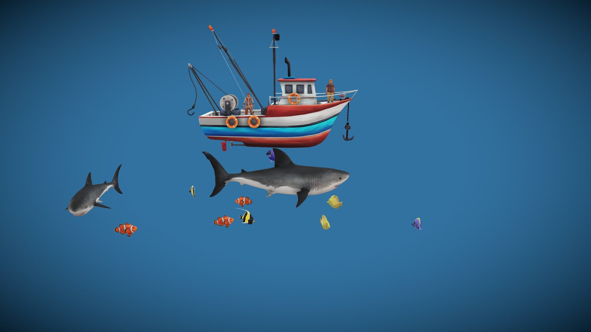 Three Animated Sharks Circling a Fishing Boat surrounded by tropical fish.