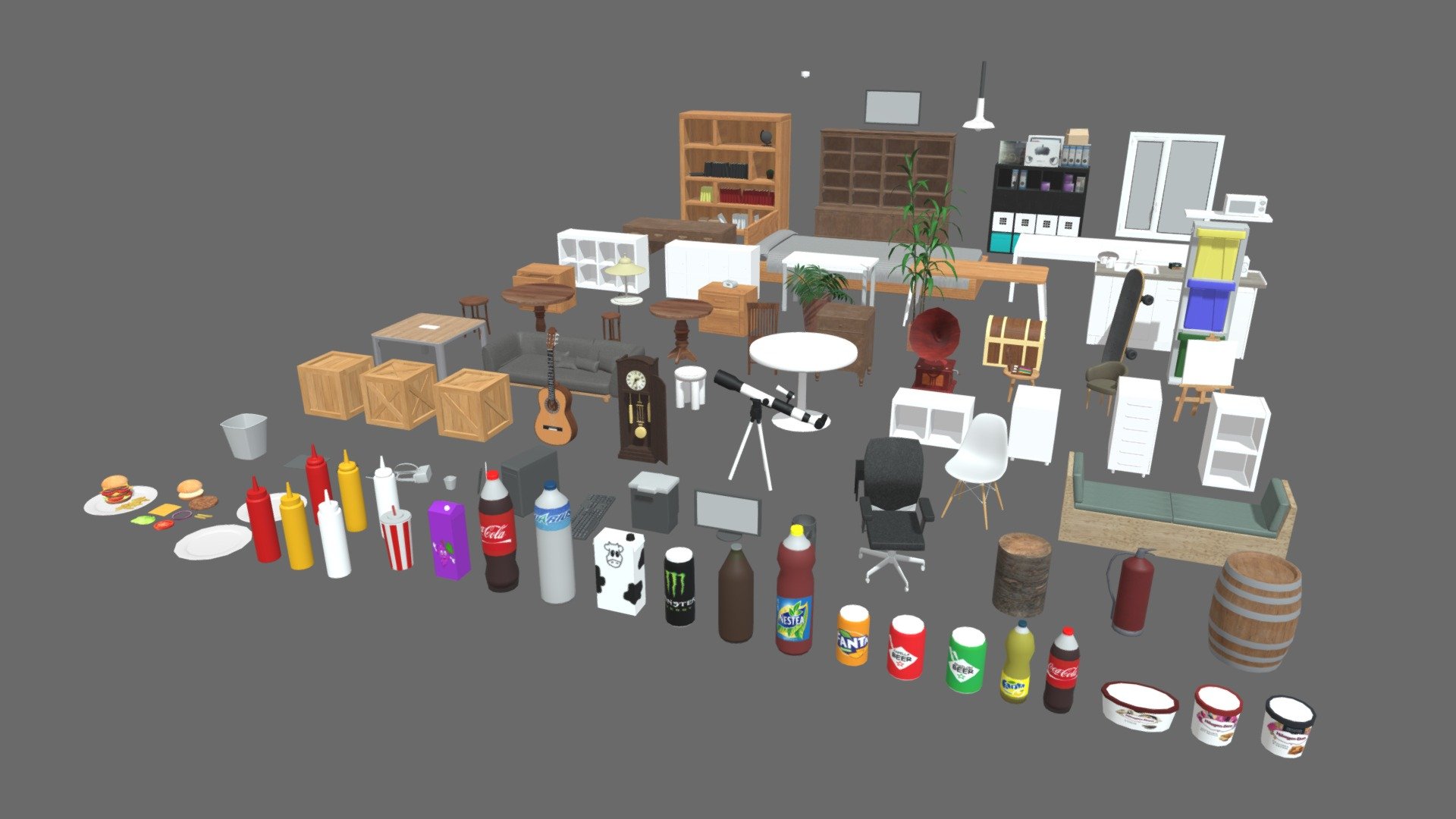 This is a Furniture Pack with a lot of different packs of different furnitures that could be used in any kind of scene. A house scene, bar, or whatever you need.

You will be able to download the whole scene in one file or every different file in different folders added. Some object got their own textures and others are packed all in one. The outliner is well-organized with every object with their different groups and names. It was originally made in Maya 2018, as well you will get every object and object's grouped in FBX and OBJ. If you need other extensions contact me and we will talk about it.

Every model is as well published separately on my profile, check it if you are interested, thank you

If you need any kind of help contact me, i will help you with everything i can. If you like the model please give me some feedback, I would appreciate it.

If you experience any kind of difficulties, be sure to contact me and i will help you. Sincerely Yours, ViperJr3D