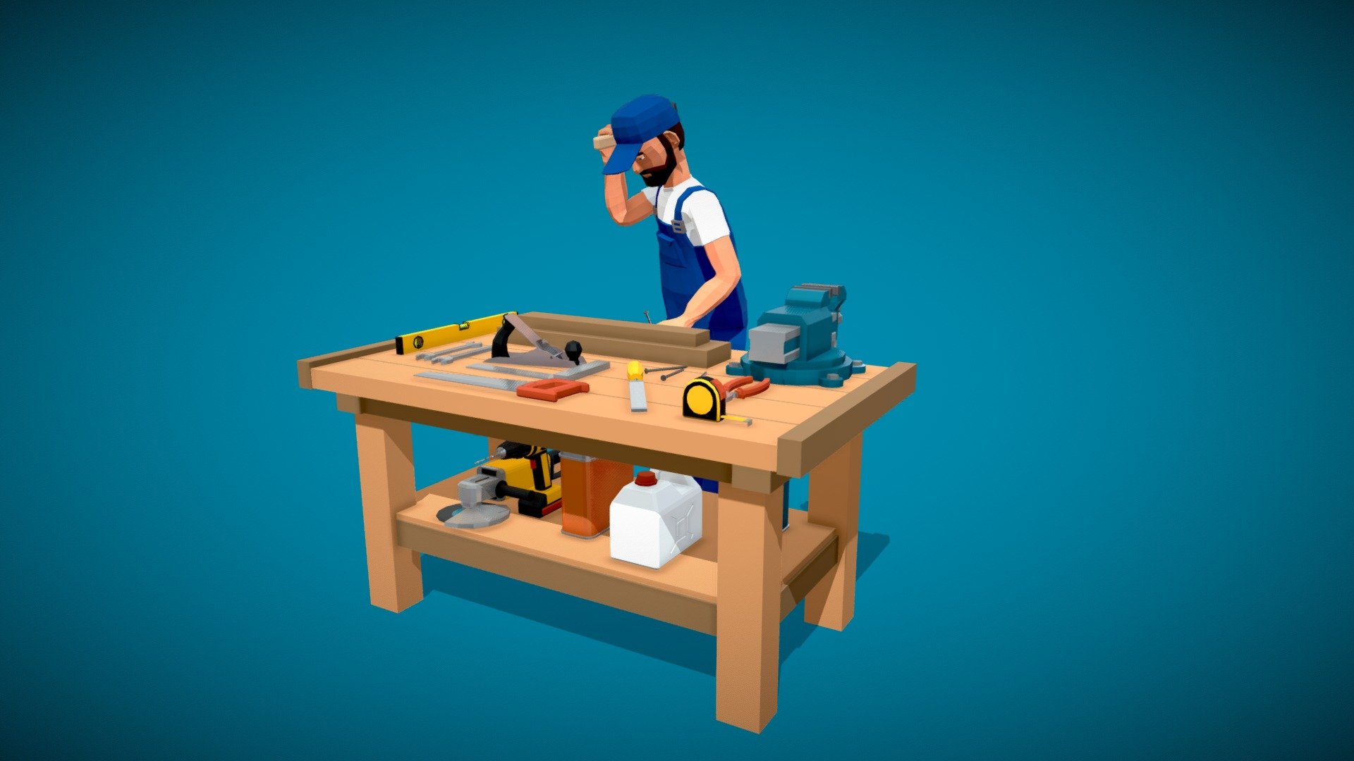 Low poly worker hammers a nail. Handyman works on a workbench with tools. 3d looped animation.
