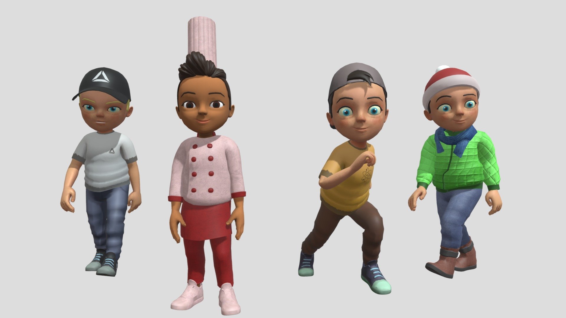 A set of cartoon characters - 4 characters!) Stylized textures - drawn in the substance paintter program. The render was done in Blender 3D using the eewee engine.

3d model contains:

55 objects,
50162 peaks,
103454 ribs,
95447 triangles.
** Textures are drawn in - format:**

All Maps,
2k resolution,
two types of normal,
the archive is attached to the files,
source Blender file contains embedded textures.
The skeleton for the animation was generated through the Maximo service and finalized in Blender 3D.

Contains a set of standard animations (walking, running, jumping, resting) Facial animation is done via keyframes:

2 types of smiles,
angry face,
open mouth,
closed eyes,
sad face,
movement of chapters in all directions (up, down, left, right).
This model of a boy is good for animation, rendering or playing, the mesh is clean of four corners, the animation runs smoothly without breaks.

kit
set
characters
cartoon
low
poly
animation
game
boy
human
cook
winter
summer
hooligan
people
character
child