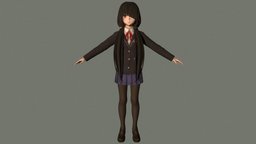 T pose rigged model of Kurumi Tokisaki cute, teenage, skirt, teen, uniform, woman, beautiful, pretty, schoolgirl, anime-girl, pony-tail, date-a-live, kurumi, girl, female, anime, rigged, garter, kurumi-tokisaki
