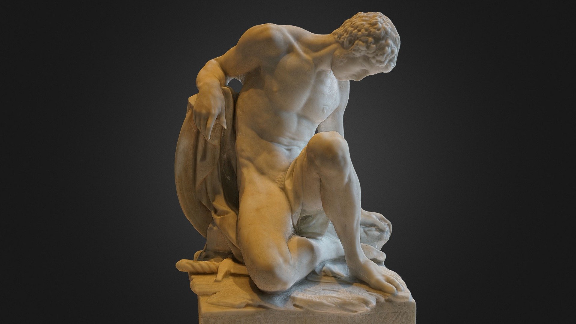 Reconstructed the reality captured 3 years ago at the Louvre in Paris, France

A mortally wounded gladiator, facing death with grace and dignity, is contemplating the laurel crown he was awarded for his courage.

Julien’s nude gladiator demonstrates his complete mastery of anatomy, and also drapery at the rear of the statue. But it was the sculptor’s personal contribution which imbues the work with its sensitivity: the elegant proportions, unctuous modelling and delicate execution (the finesse of the hands, laurel leaves and strands of hair), the marble’s perfect finish and the rendering of textures (the polish of the shield and sword suggest their metallic brilliance).

Julien was exalting the heroism of a man overcoming his pain and stoically dying in silence. The balanced composition, dignified pose, discreet chest wound and restrained expression are formal echoes of this heroic serenity.
