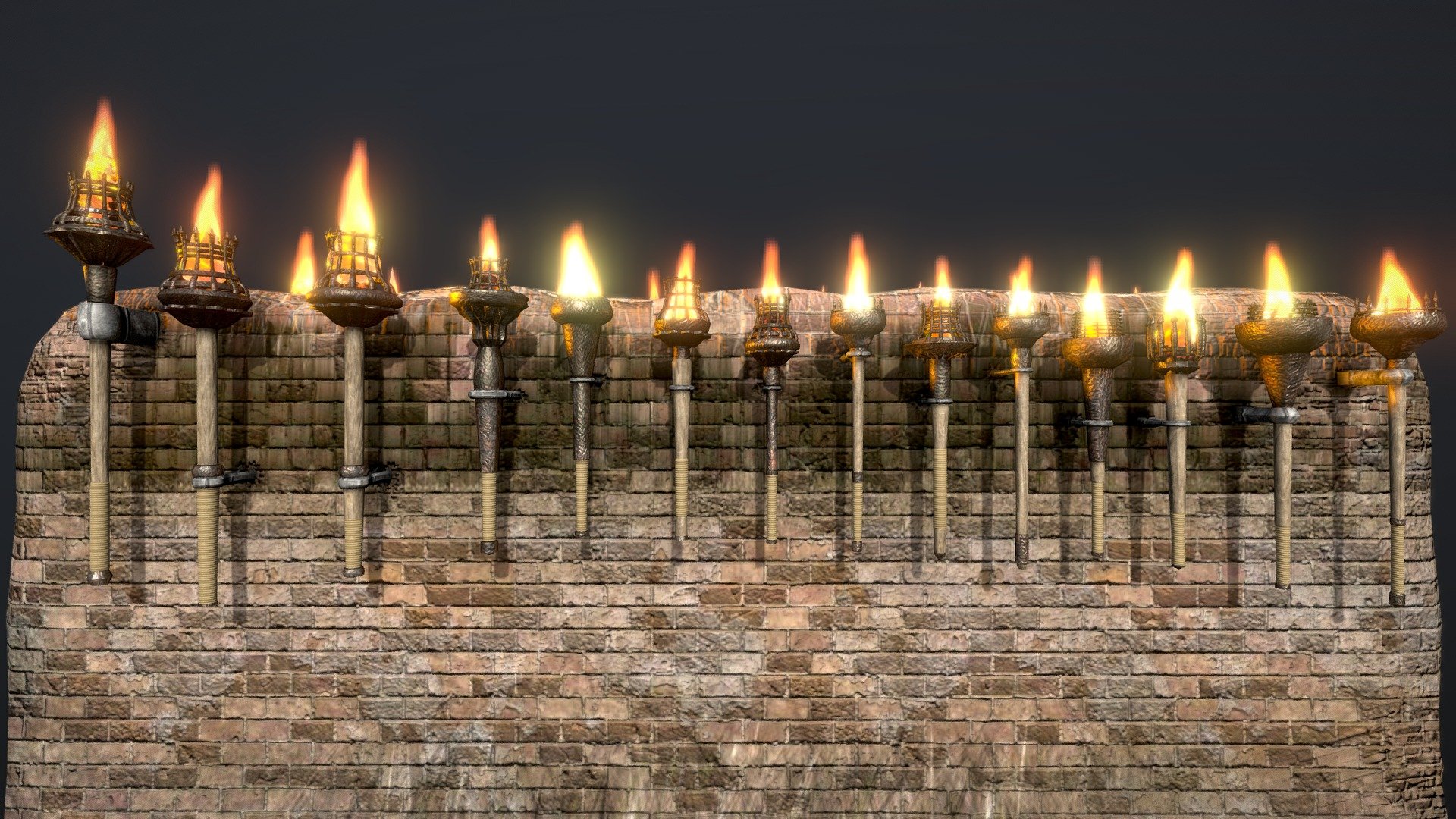 Model Info:



Materials — 7

Textures — 26

Resolution — 4096x4096 (jpg, png)

Download Size — 223MB




More Torches:



25-pack burning wall torches (1)

25-pack smoldering wall torches

Non-textured burning torches (animated): 1, 2, 3, 4




Used Software:



Blender (2.93 / 3.0 alpha)

Substance Painter 2021.1.1 (7.1.1)
