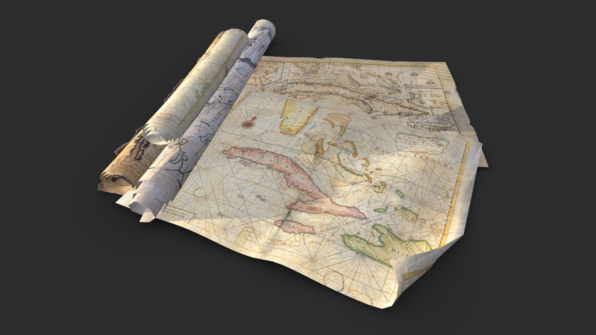 This vintage historical Caribbean maps pack including 12 individual objects (4 designs for 3 meshes types each) with 3 LODs and collision boxes to get the best optimization and the best quality for the most popular game engines. All elements can easily be positioned together to create a more detailed scene.

The 3 meshes :
* Rolled maps
* Curved corners maps
* Flatted maps

This AAA game asset of old parchments will embellish you scene and add more details which can help the gameplay and the game-design.

Low-poly model &amp; Blender native 2.91

SPECIFICATIONS

Objects : 12
Polygons : 1446
Subdivision ready : Yes
Render engine : Eevee (Cycles ready)

GAME SPECS

LODs : Yes (inside FBX for Unity &amp; Unreal)
Numbers of LODs : 3
Collider : Yes
Lightmap UV : No

EXPORTED FORMATS

FBX
Collada
OBJ

TEXTURES

Materials in scene : 1
Textures sizes : 4K
Textures types : Base Color, Metallic, Roughness, Normal (DirectX &amp; OpenGL), Heigh &amp; AO (also Unity &amp; Unreal workflow maps)
Textures format : PNG