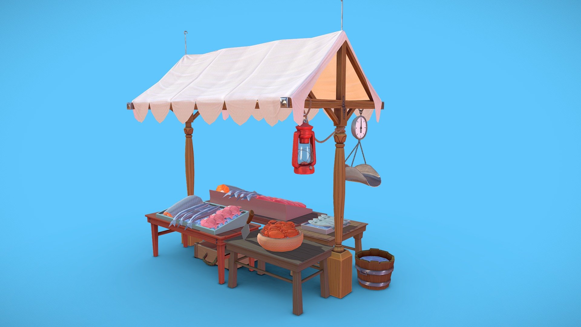 Low-poly Stylized Fish stall

Thank! Concept Art by : Cory Loftis

I took the model to render in Unreal4, it looks awesome!
