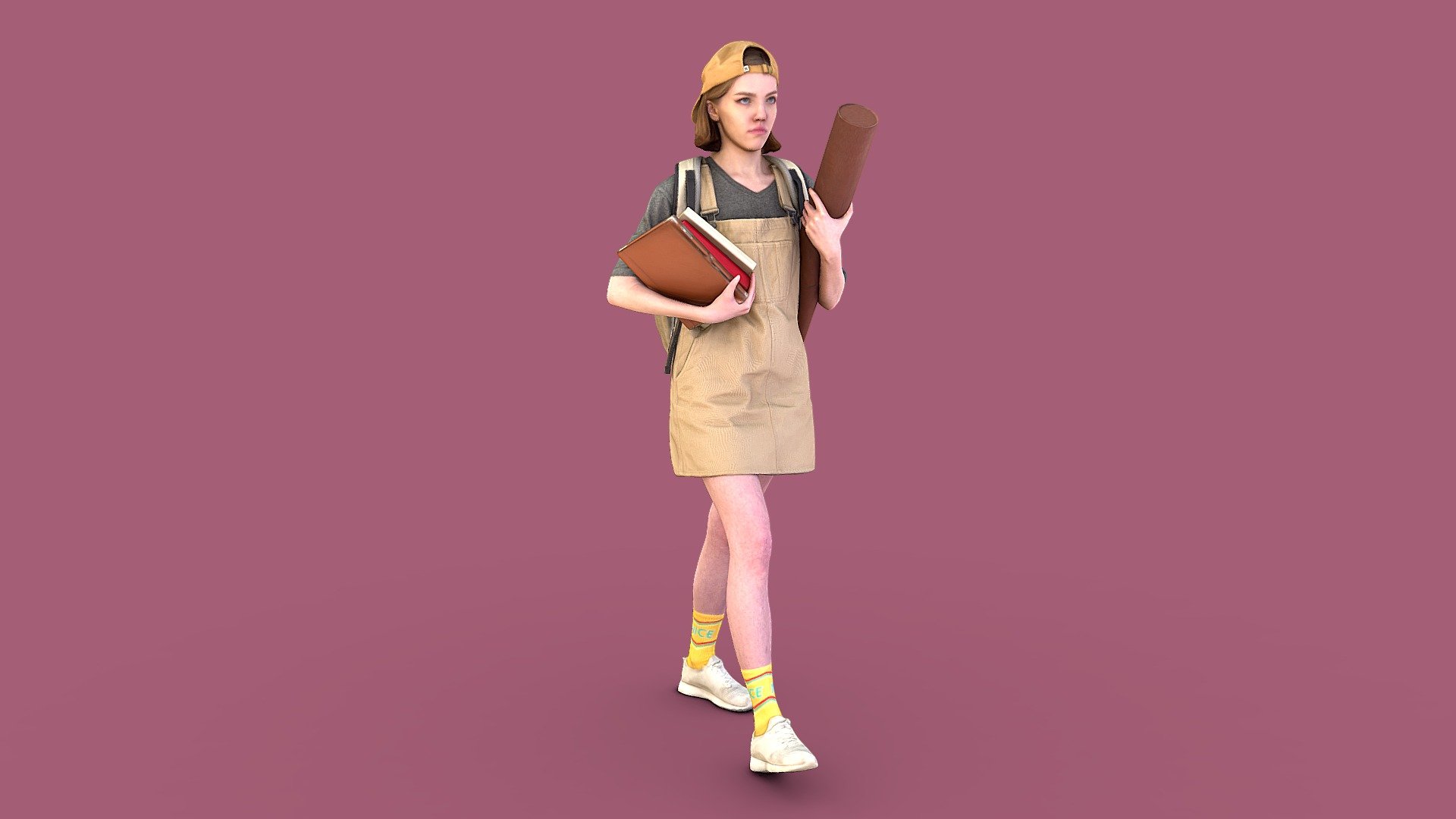 Follow us on Instagram ❤️

Follow us on Twitter 🐦

✉️ A young petite fair-skinned girl walks forward with books in her hands and a backpack on her shoulders. She is wearing a short denim dress, cap, colored high socks and sneakers. She holds a stack of books and an iPad in one hand, and a brown leather blueprint tube in the other.

🦾 This model will be an excellent mid-range participant. It does not need to be very close and try to see the details, it reveals and demonstrates its texture as much as possible in case of a certain distance from the foreground.

⚙️ Photorealistic Casual Character 3d model ready for Virtual Reality (VR), Augmented Reality (AR), games and other real-time apps. Suitable for the architectural visualization and another graphical projects. 50 000 polygons per model.

FNVI90