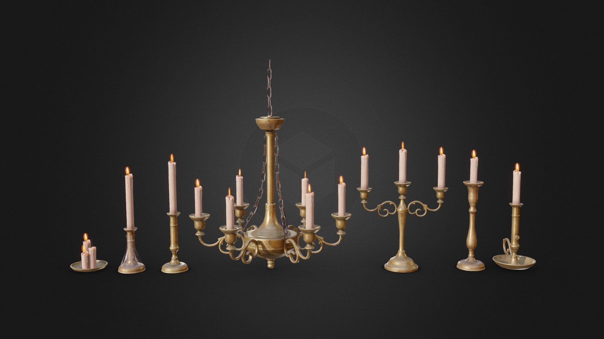 A collection of low-poly, game-ready candle holders and chandelier. These models look great in any old / Victorian-era environment. The models are optimised for use in game, VR archviz, and visual production. 

You can get this model on Fab

Features




Model includes 7 unique candle holders including a chandelier with candles.

Optimised for game engines with clean topology. Objects are grouped, named appropriately and unwrapped 

27,005 triangles. 13,937 vertices

Modelled in Blender and textured in Substance Painter.

Textures

This model uses 1 PBR texture set. All textures are in .png at 4096x4096 and includes: Base Colour, Roughness, Metallic, Normal, Opacity, Emissive