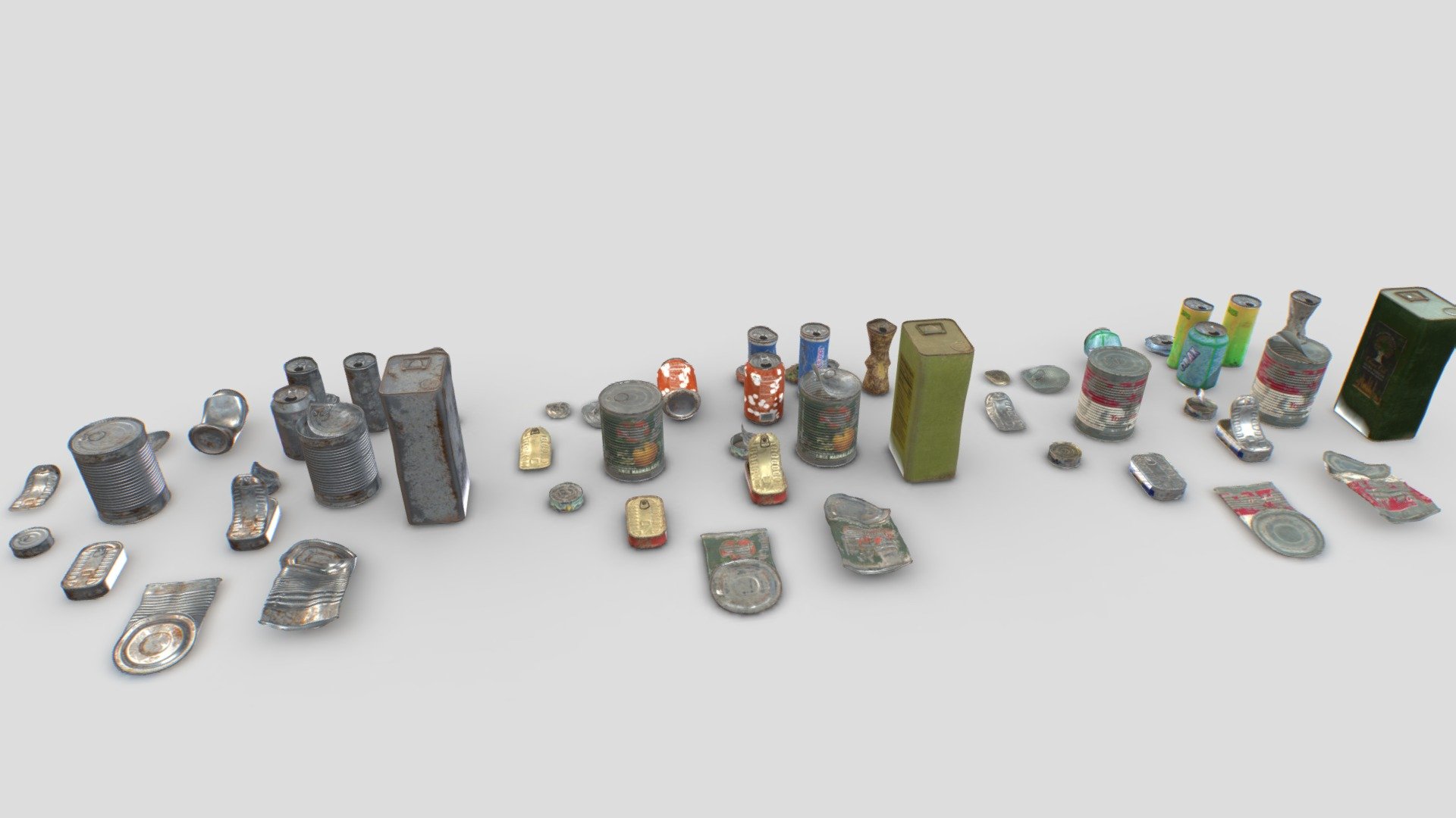 Pack of cans junk . Realistic scale. Includes drink, food and oil cans. 19 meshes.

Each object comes with 3 texture sets (materials), for a total of 57 different objects and 3 materials. Each mesh use 1 material only.

PBR 4096x PBR textures including Albedo, Normal, Metalness, Roughness and AO. Unreal ARM mask texture included (ao, rough, metal). Also unity HDRP mask included.

17k verts and 33k tris in total.

Suitable for garages, landfill, street trash, apocalyptic scenes, etc&hellip;