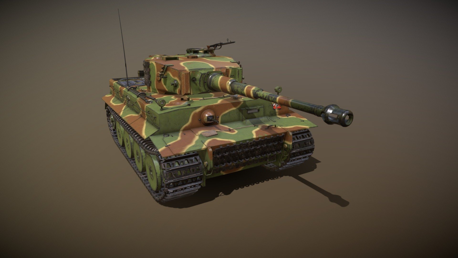 Fearsome Tiger Tank of the German Wermacht. This version is a model E with pintle-mounted MG42 and summer camoflauge. 
Tiger tank was capable of destroying any target in his era by a single well placed shot from his 88mm gun and his thick armor protected him well against almost every danger.
Armored and armed to the teeth he was a real war machine and a formidable enemy for allied forces.

This model features:




Clean topology - ready to render

Independent left and right wheel sets (not mirrored)

88mm main gun seperated in 3 parts for easy animation, 3 machineguns (coaxial, driver's and top-mounted)

Armature rig: hull, wheels, tracks, driver's machinegun, turret, main gun, commander hatch, pintle-mounted MG42

Independent tracks (piece by piece) for precise physics.

11 material slots

Zipped textures (albedo, roughness, metallic, normal, AO map) for all materials

Originaly made in Blender and textured in Substance Painter. Renders are made in Marmoset Toolbag 3.

Hope You will enjoy Your purchase!