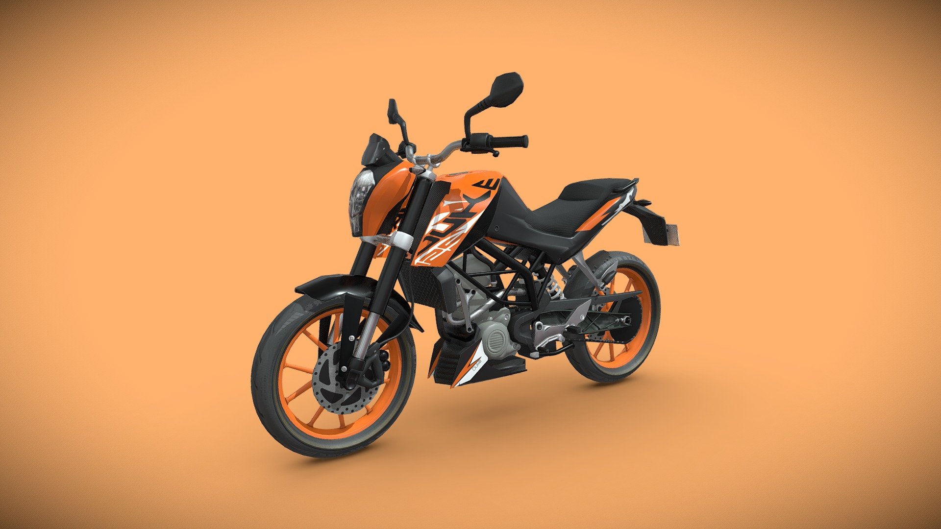 KTM Duke 125 is a sleek and stylish motorcycle known for its unique blend of performance and aesthetics.
This 3D model of the KTM Duke 125 captures the essence of a Sport motorcycle. With its sleek and stylish design, the KTM Duke 125 is a sleek and stylish.
Model Type: Polygonal
Polygons: 25,799
Vertices: 26,278
Formats available: Maya ASCII 2018, Maya Binary 2018, FBX , OBJ
Textures: Color, Normal, Height, Metallic, Roughness and Opacity maps
Texture Resolution: 4096 x 4096 pixels

The model is available in a range of file formats, including OBJ, FBX, and MAYA making it compatible with a variety of software programs. Whether you're a professional artist or a hobbyist, this 3D model is the perfect way to add a touch of excitement to your virtual projects.

Hope you like it!

Thank You.