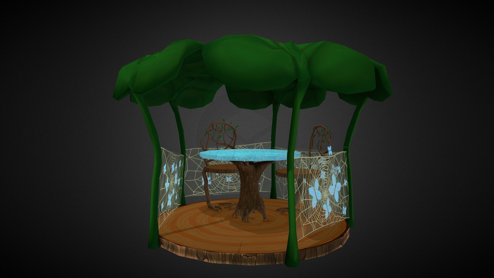 Stylized fantasy alcove,low poly, optimized for games. Game environment element. Low poly model with UV maps of color and transparency \opacity. concept art elf alcove.