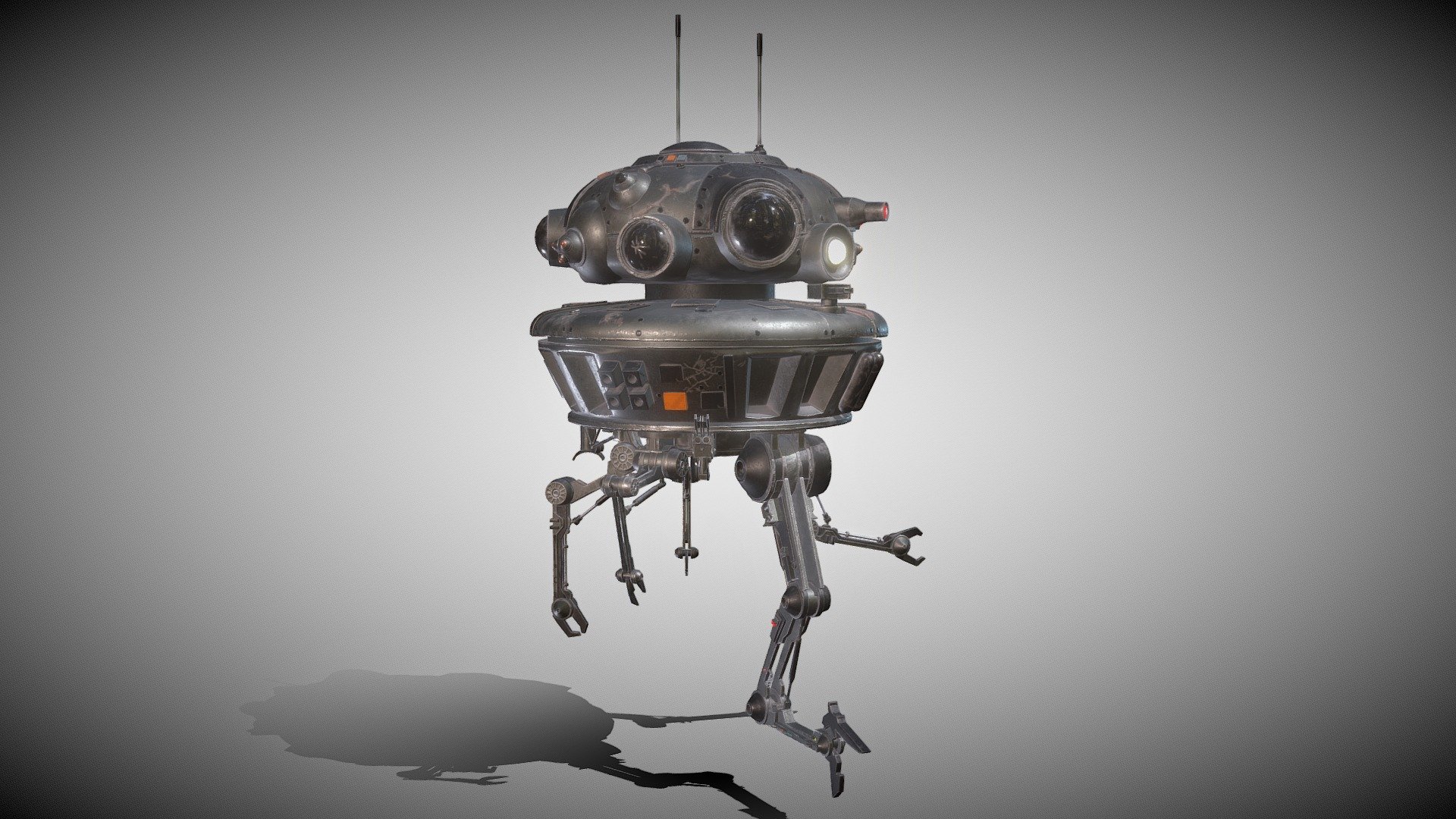 A fan art of a Viper probe droid first appear in Star Wars Empire Strikes Back I made some changes and modifications also added some damaged parts to have more personality made for a Challenge of Vertex School May 2020.

Update I am giving in Sale ready for a game engine I included the FBX. MA. Marmoset files and textures png AO, Diffuse, Normal, Roughness, Base color and Metallic it has 72622 tris, 37650 Polys, 78053 Edges, 40962 Verts each texture are 4096 x 4096 If you need 3D Game Assets or STL files I can do commission works.