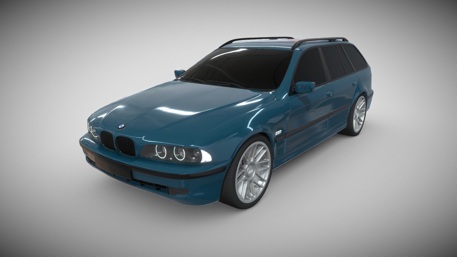A model of a BMW 5 touring E39 1997 on BBS Rims (Model 301). Made in Blender, no interior. Now with remastered topology.