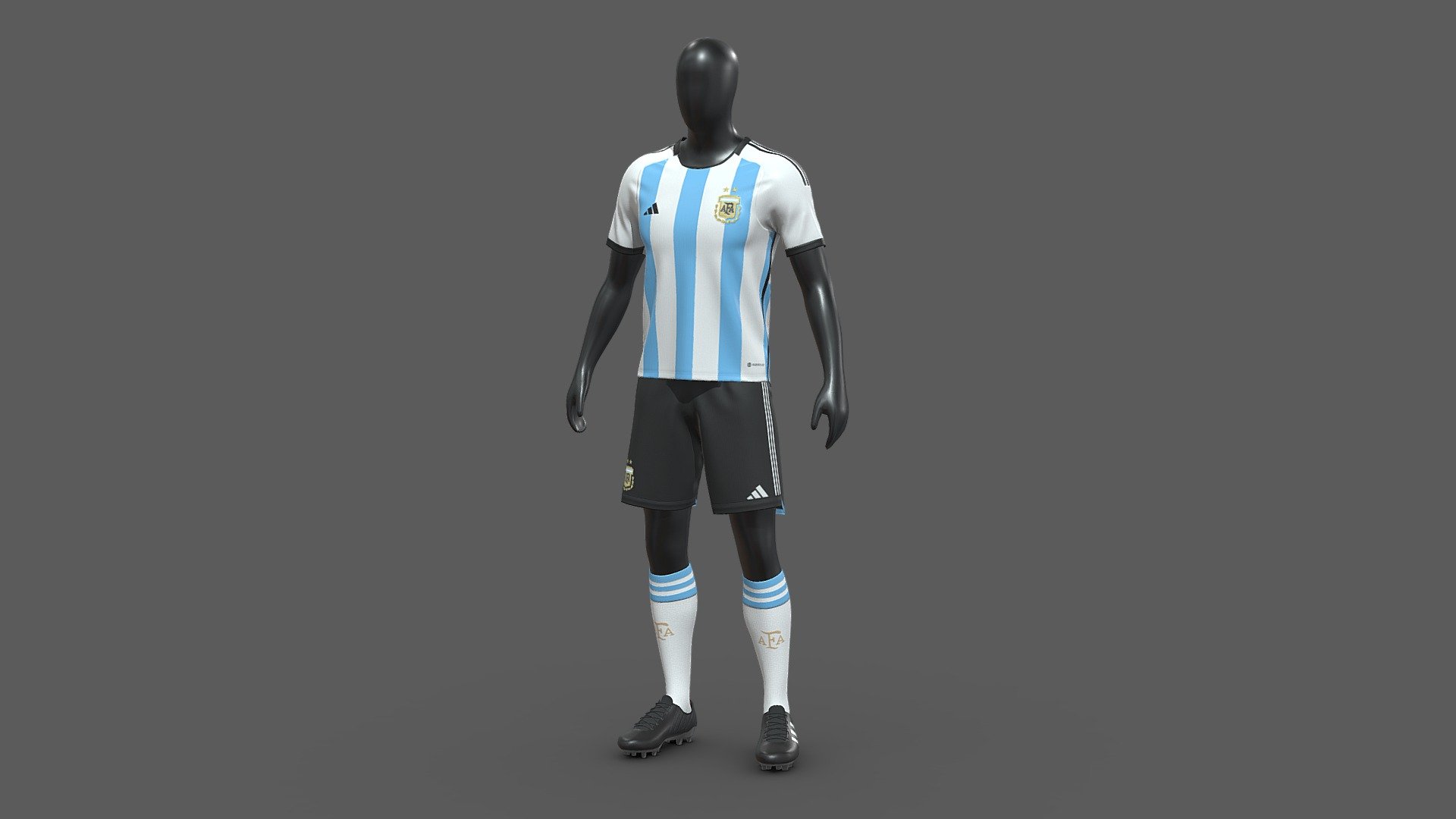 Argentina Team Football Jersey for Games

This is a Lowpoly PBR model ready for use in AR, VR, Realtime Visualizations, Games with 4K Textures.

Features:

The Jersey includes Full outfit with a T-Shirt, Shorts, Socks &amp; Shoes. Mannequin is also Included.

Jersey Full Outfit - Polygons - 13,471 | Vertices - 10,653

Mannequin - Polygons - 6,503 | Vertices - 6,505

Low-poly game ready PBR Model, Real-World Scale, High-quality Textures.

Models are ready with Textures &amp; Materials for Unity. Just Drag &amp; Drop the models into your scene.
Unity3d

Albedo, AO, Metallic Smoothness, Roughness &amp; Normal Maps

All the textures are set at 2K resolution in Unity for optimized performance which can be later changed to 4k or 1k in unity itself.