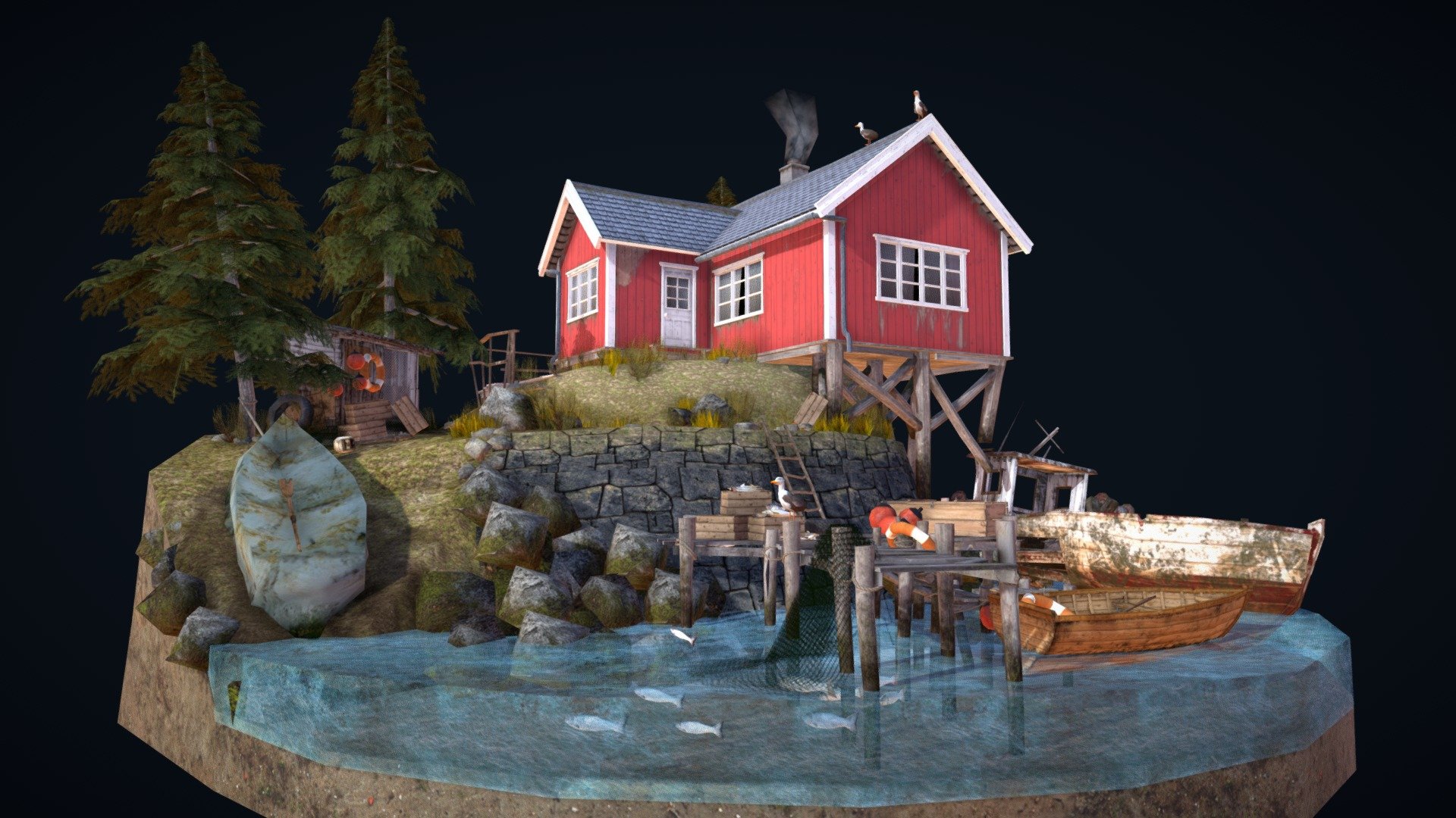 Hello! This is my submission for the exam finals in Howest DAE. We were asked to make a low poly diorama scene based on real life reference, based on our preference but based on 4 storylines from which we had to choose one. My choice was House by the ocean. My scene depicts a Norwegian fisherman's house, located at the fjords. Enjoy!
