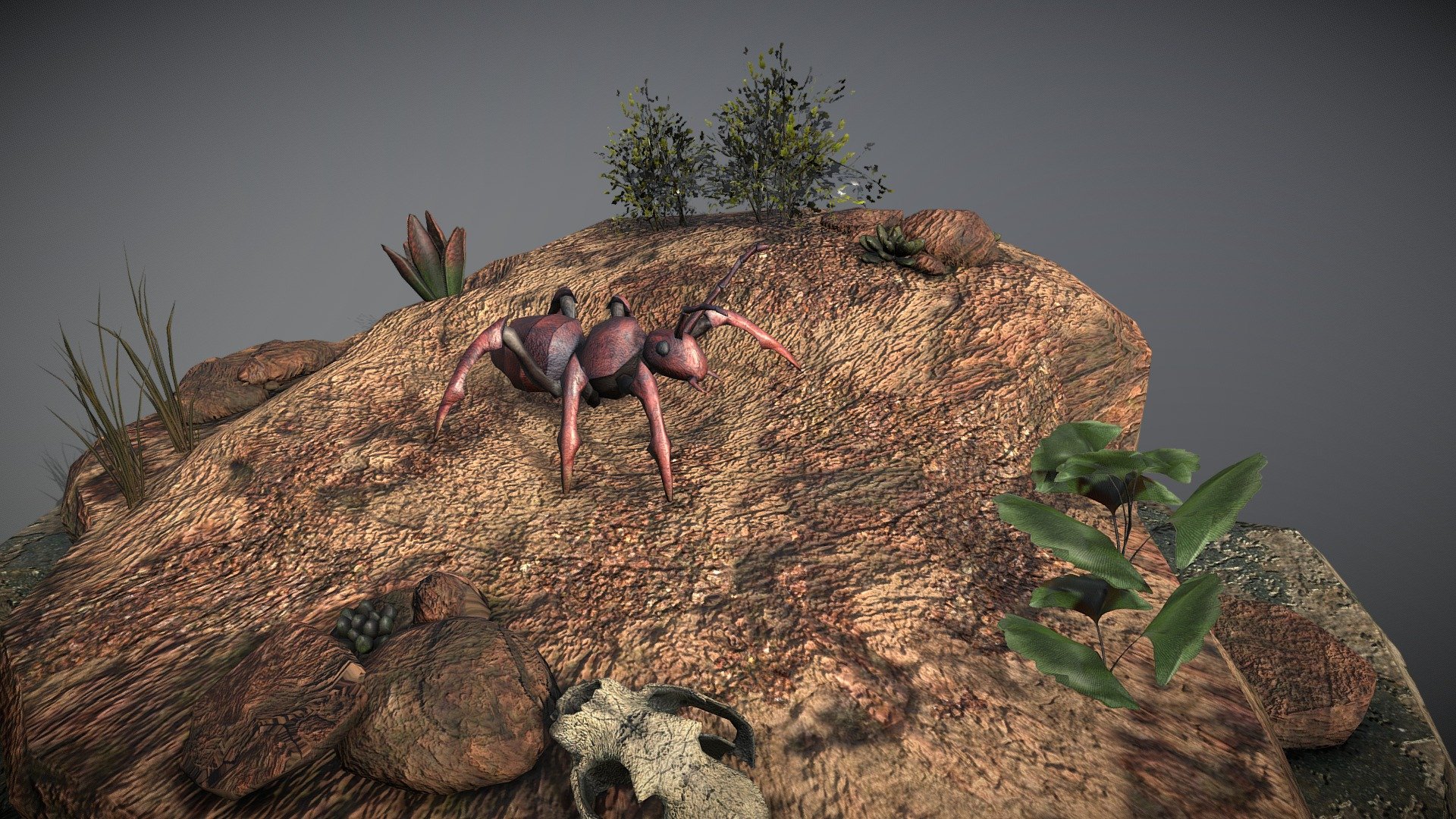 Scene of a giant ant on a rocky terrain setting with some succulents and other plants.