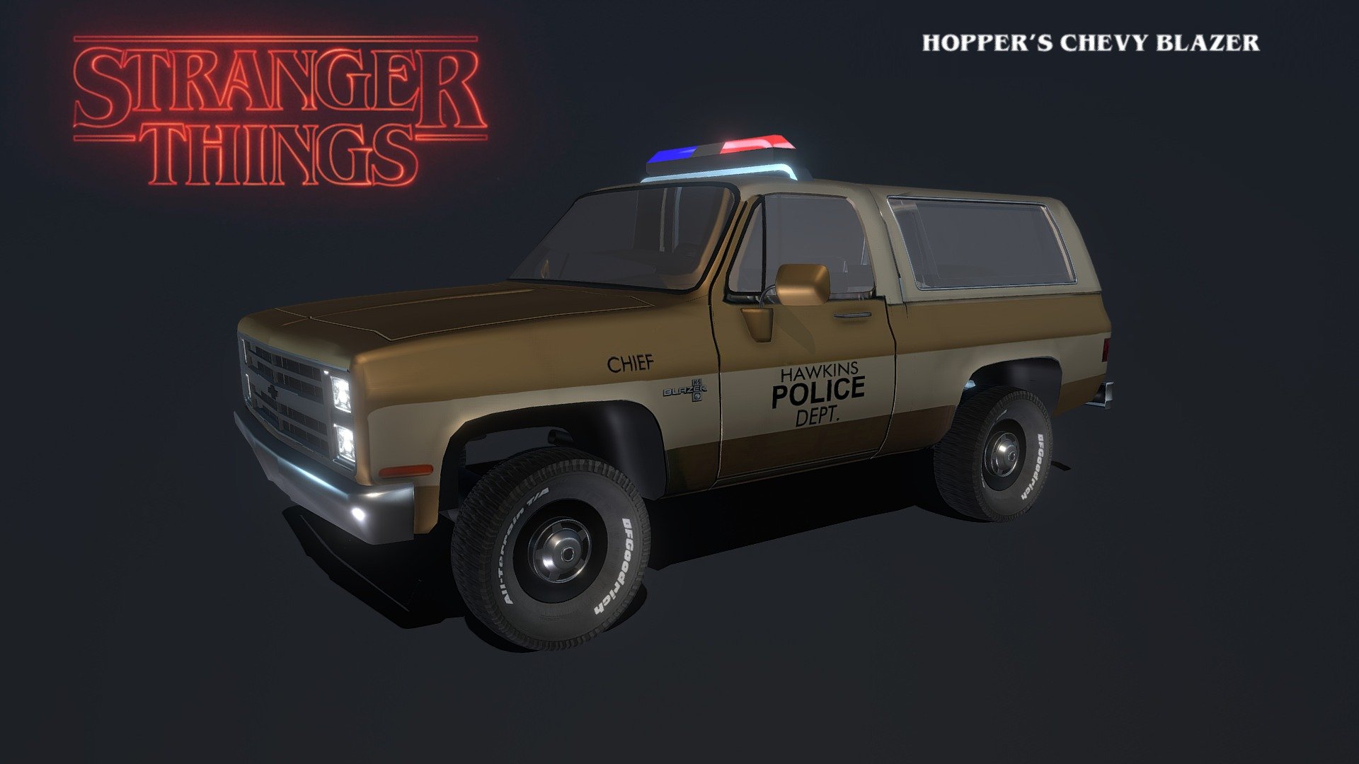 Hoppers infamous Chevy Blazer from Stranger Things. still a work in progress, All modeled in 3DS Max. 

Thanks for looking :)