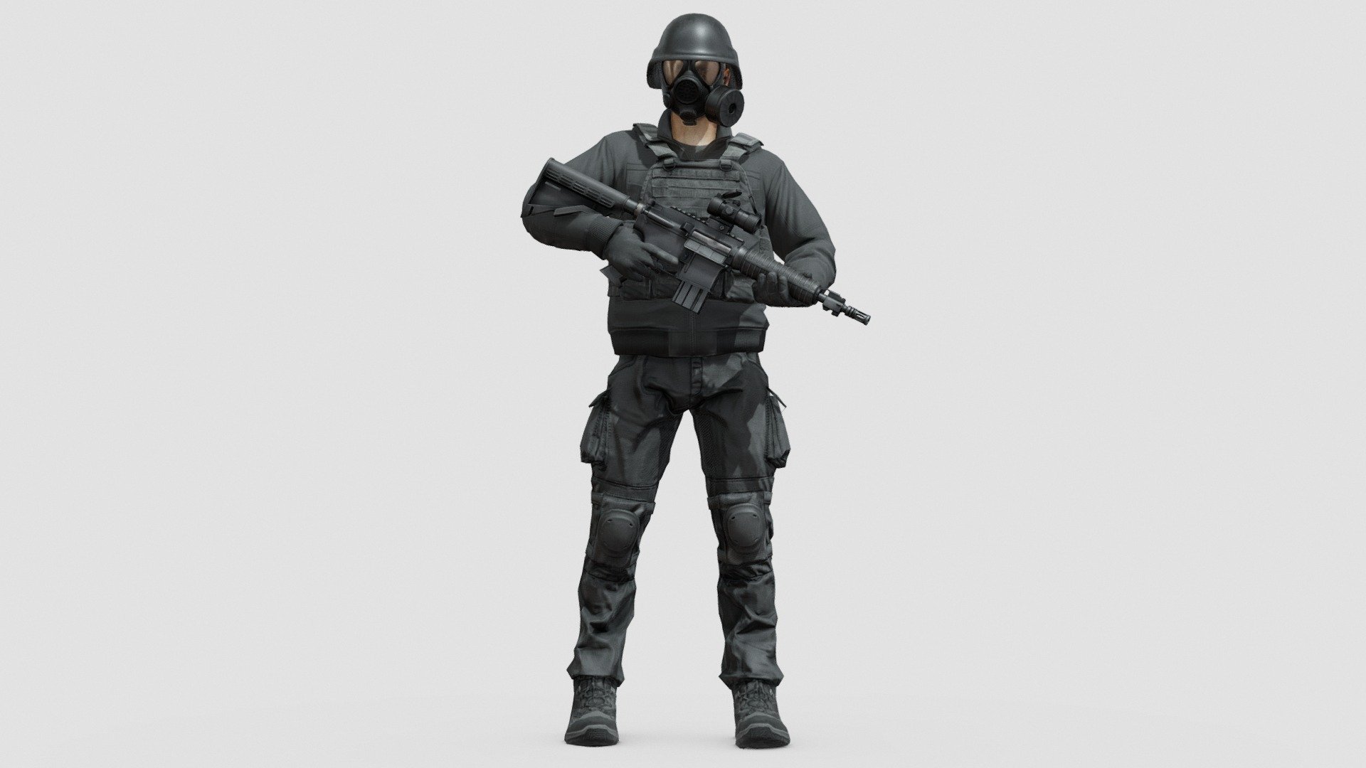 Soldier in modern combat uniform with gas mask and plate carrier.

Separate materials for body, headear, gun and scope.

4k PBR textures for headgear, body and gun. 1k for the scope.


For creation of this character I used and edited few of the assets available on Sketchfab.


List of assets:

Pants by Dubel https://skfb.ly/oBOyJ 

Jacket by Nick Scott https://skfb.ly/6YRSE 

Vest by csheffield https://skfb.ly/6WSMT 

Boot by hippieandcorporate https://skfb.ly/6UvoD 

Gloves by rubiez https://skfb.ly/6wZZ9 
