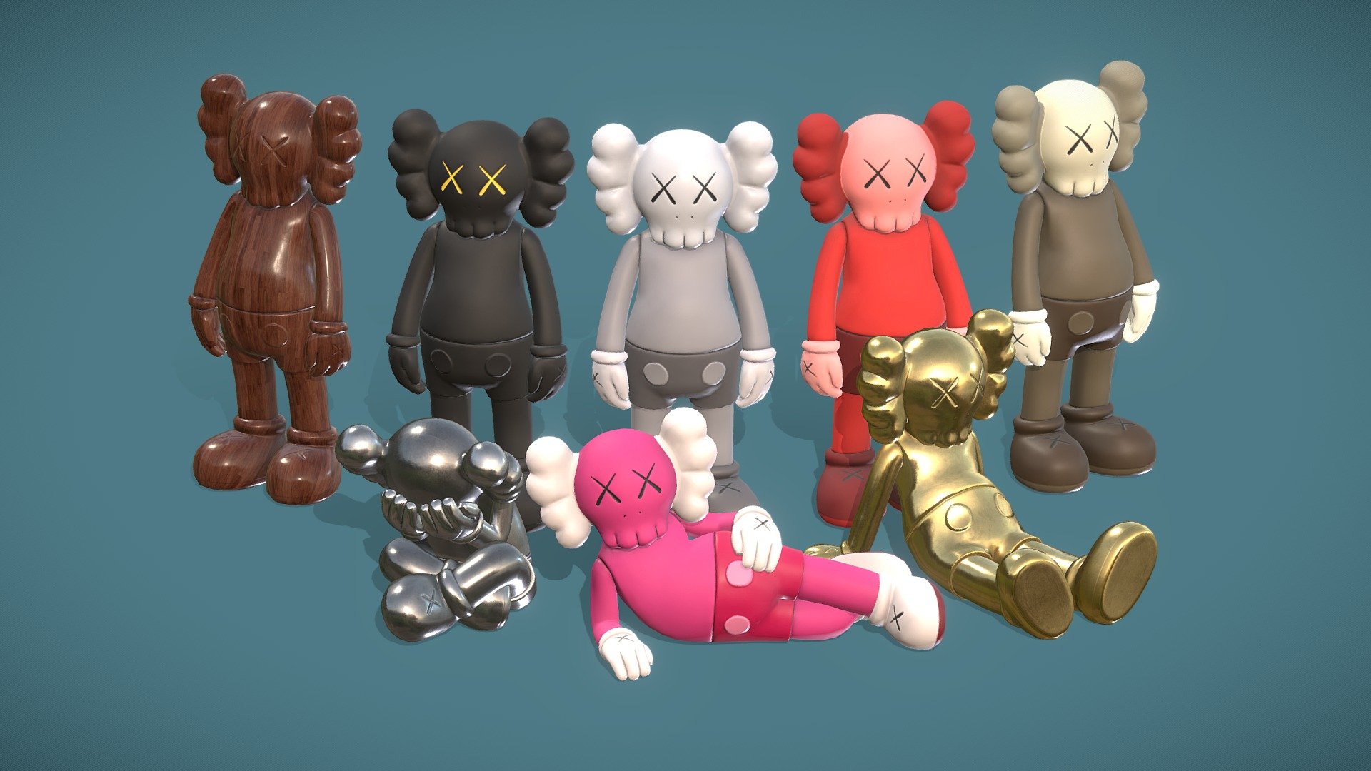The Kaws statue (4 different poses) could be a great fit for Your realistic game project as decor, prize, weapon (You name it) or any architectural interior visualization project or else.

Mesh: 7202 triangles per 1 statue

Attachment include 8 different color and 6 different pipeline texture sets 4096x4096: Unity, Unreal, PBR Metal/Rough, Redshift, Arnold , Vray + bonus textures: Ambient Occlusion, Curvature, GradientMap

Feel free to contact us if You need something tasks for 3D modeling or animation.

Our Studio LInks Discord - Webpage - Instagram - X.com - Youtube - Facebook