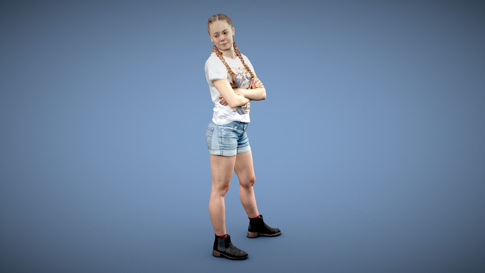 Full body of happy young stylish caucasian casual blonde braided hair woman standing with crossed arms looking over shoulder and smiling

Wearing blue jean shorts, t-shirt and boots

Posed photogrammetry scan with

8192x8192 8k diffuse map 8192x8192 8k normal map 8192x8192 8k roughness map