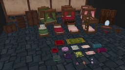 Bedroom Set scene, beds, bed, bedroom, medieval, furniture, stylised, interiordesign, bunkbed, vanity, medievalfantasyassets, asset, fantasy, interior