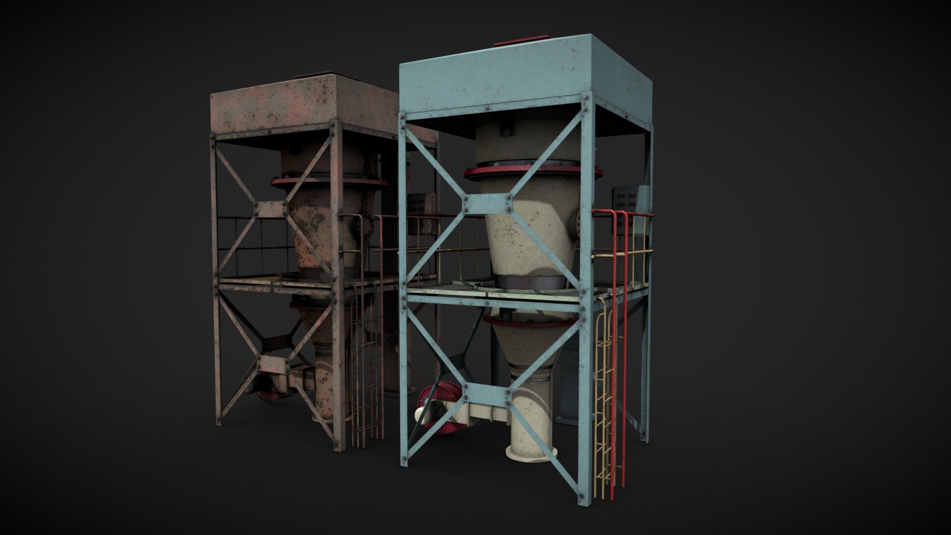 Machinery device for industrial visualizations 

4k PNG PBR textures included 

Painted and heavy rusted 

Non overlapped UVs.