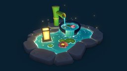 Stylised Japanese Pond prop, pond, bamboo, stylised, lowpoly, environment, japanese, lotus-flower