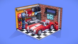 Retro Garage garage, retro, pixel-art, blockbench, pixelart3d, low-poly, minecraft, lowpoly, car, pixelart
