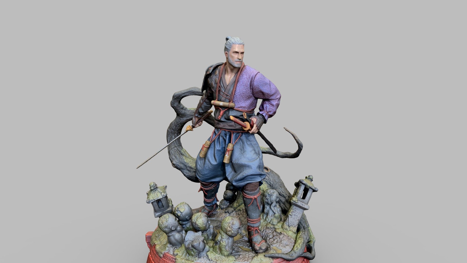 A 3D scan of the standard edition Geralt Ronin figure, a 30cm/12 inches polystone figure by CD Projekt RED.


&ldquo;Shrouded in the darkness of the eerie night, guided only by his instincts, the wandering Rōnin known as Geralt trails a deadly prey across the lands of feudal Japan. Here, he finds himself alone in the cemetery of Koyasan. Alert and equipped for a battle, his every step is calculated and precise — measured with the knowledge that one false step could spell the end. Blade in hand, this skilled swordmaster is prepared to take on whatever yōkai lurks amongst the resting dead.