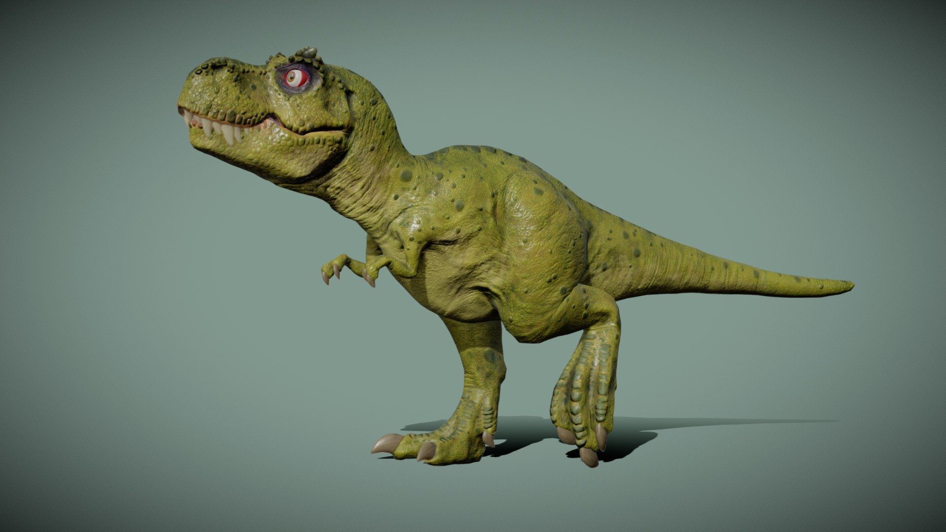 Tyrannosaurus cartoon version, createde in Zbrush core, Blender and Substance Painter

Original blender file in the Zip folder uploaded!

Textures 4096x4096:* - body: albedo, roughness, Ambient occlusion, normal - claws, eyes and teeth: albedo, roughness, Ambient occlusion, normal, opacity