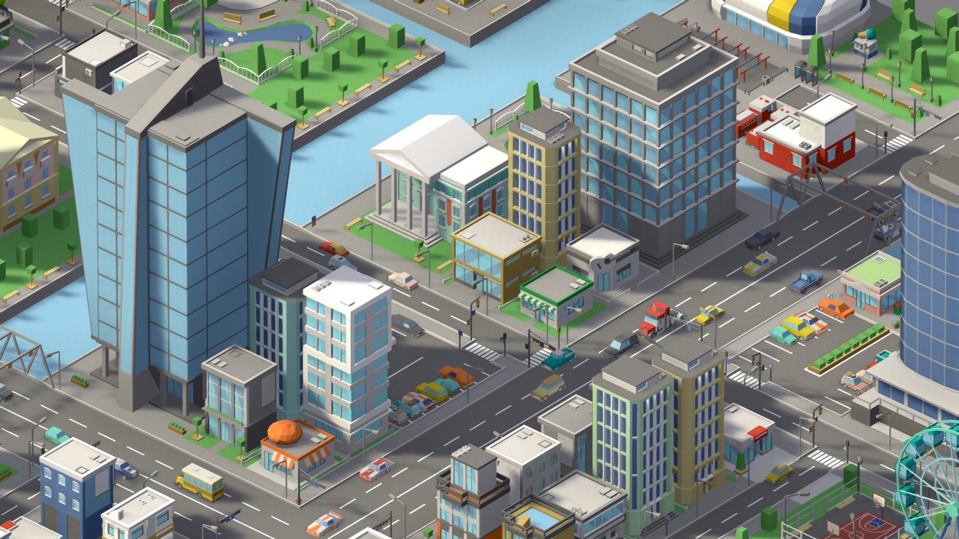 Package:




Demo scene.

Where to use:





Games. Models optimized for game engines;




Multiplication;




Advertising and marketing;




NFT, metaverses;




VR / AR;




3d printing.



Features:





By combining assets, you can create your own unique city;




You can easily change the color of objects - using the UV map;




Pivot in the logical place of the object;




Model has a logical name.



Geometry:





414 unique assets;




286k triangles all pack.



Items:





Landscape (x97) 




Buildings (x150)




Stadiums (x10)




Park (x10)




Entertainment areas (x10) 




Car (x52) 




Bus (x10)




Truck (x10)




Trailer (x5)




Ships (x10)




Air (x10)




Props (x39)



Scale: 

Real-world-size

Material:

All models use one materials (color) 

Textures:

All models use one texture (as a color palette);

Resolution: 1024 px.

If you liked this package, please leave a review! Creativity to you!
