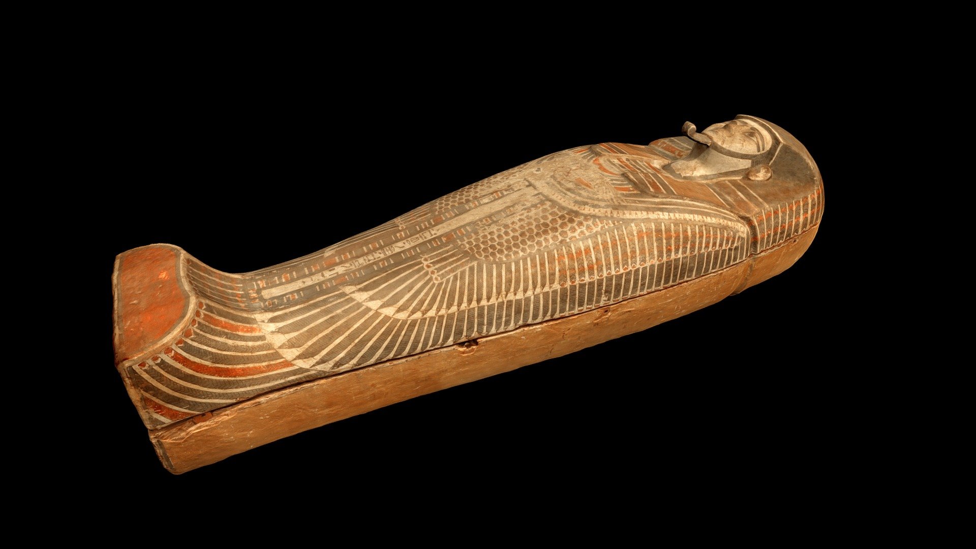 Wooden coffin of the 17th Dynasty Pharaoh Kamose in the Egyptian Museum, Cairo. Kamose continued the war to expel the Hyksos kings started by Seqenenra Taa.

The base of the coffin was not available for scanning and is here recreated.

Created from 226 photographs (Canon EOS Rebel T7i) using Metashape 1.5.4.