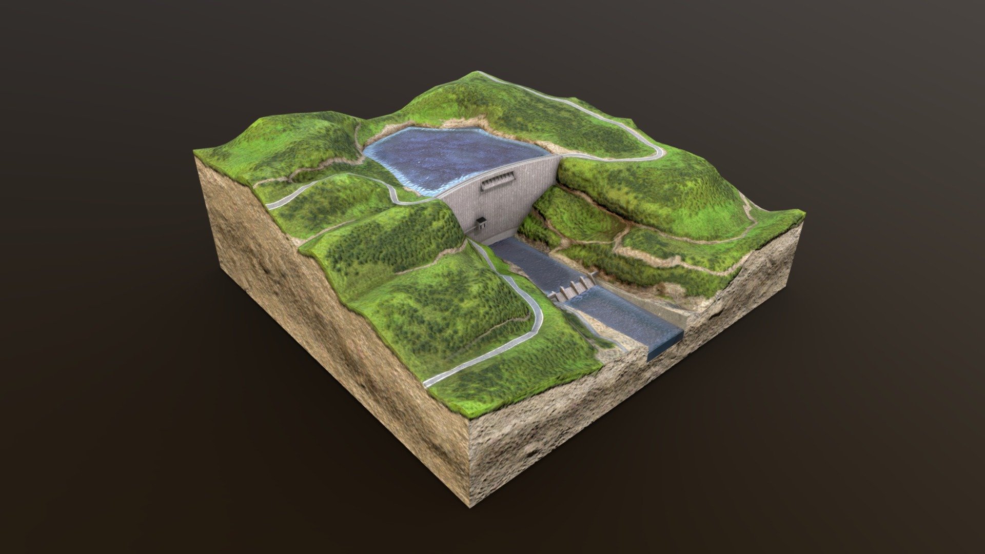 A diorama including a dam.