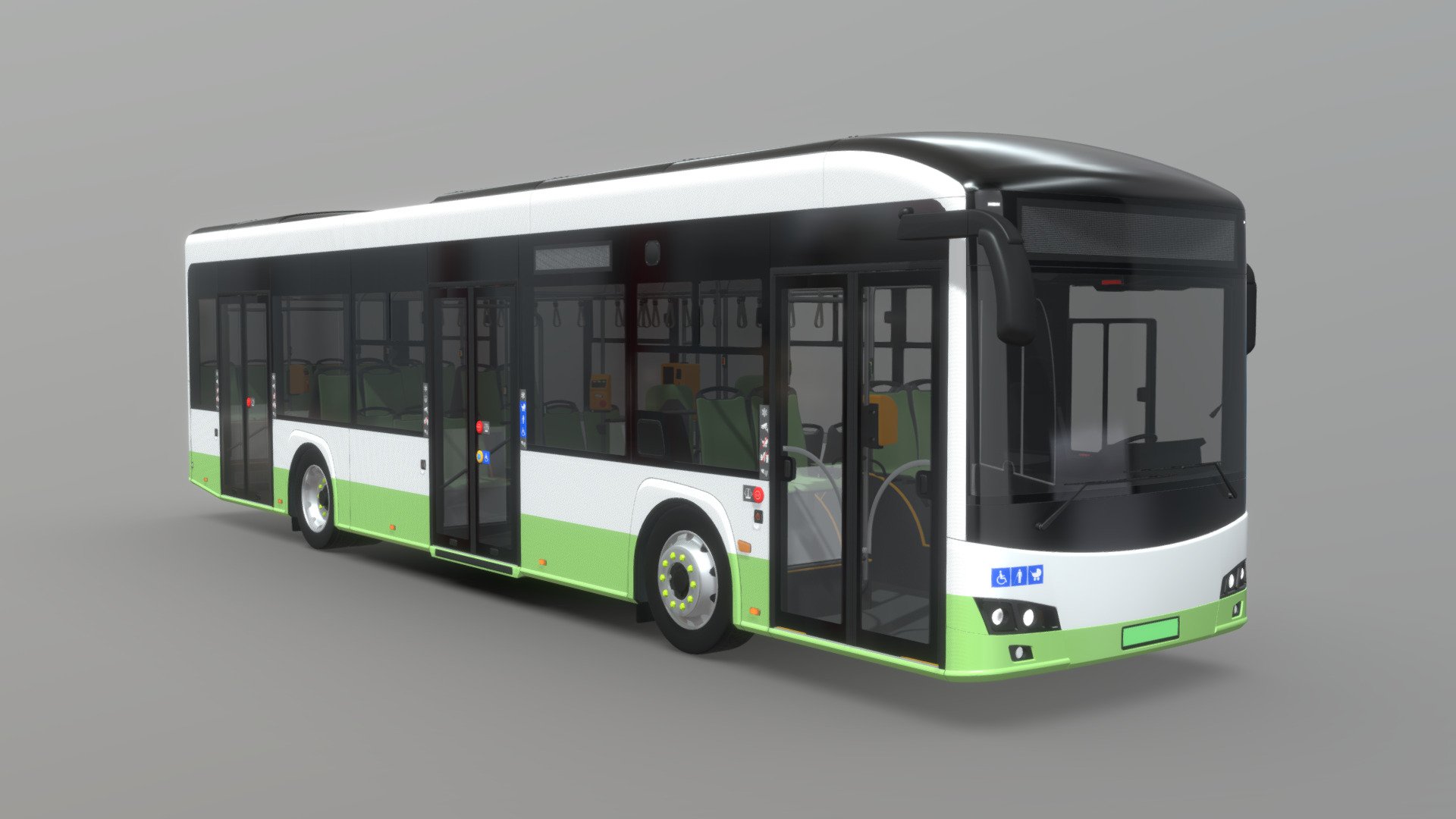 Model presents a new entry to my bus collection. It's a new member of a family of II generation buses which will include new original, high-poly design. This is a 12-meter version of an electric bus, which features new outward swinging, pneumatic doors. All batteries are placed on the roof, therefore number of seats could be increased. The bus offers 33 seats.