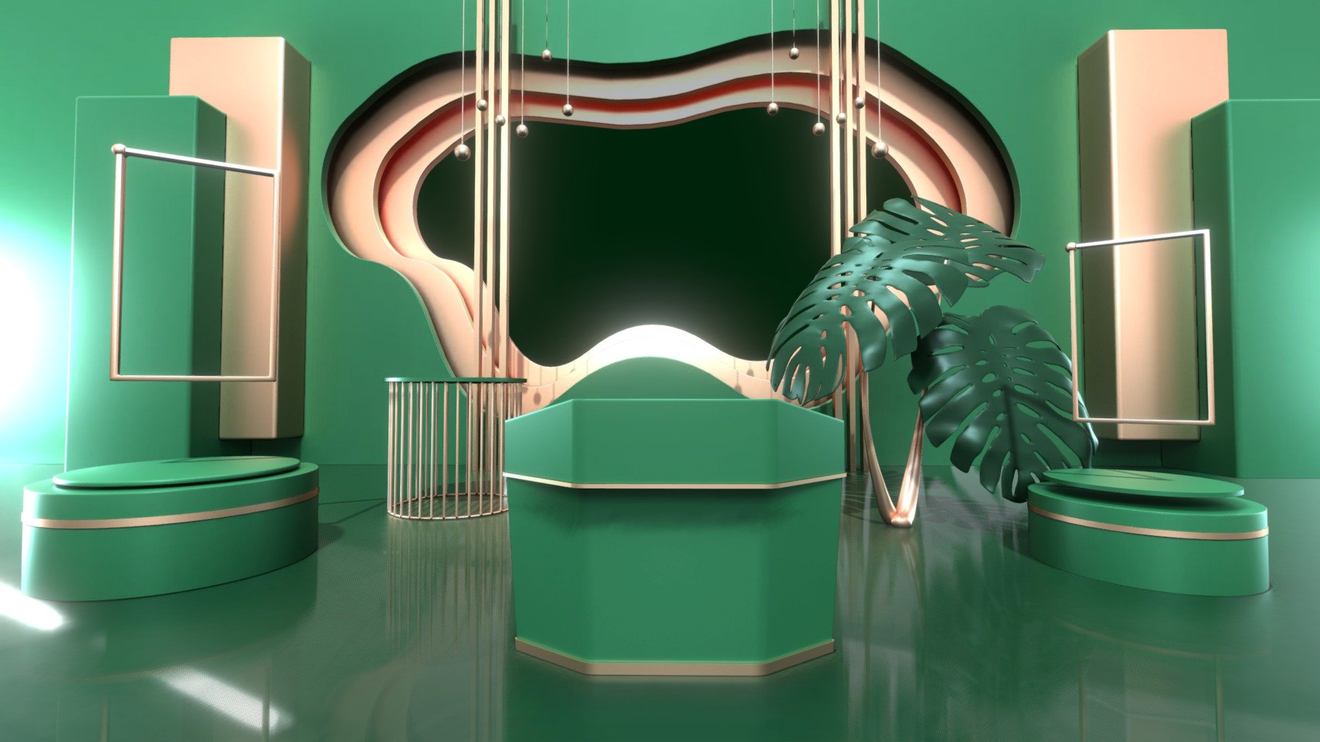 Green gallery in a garden style. Would be good for product showcase.
It includes:
1. A podium that can hold a speecher
2. Painting frames