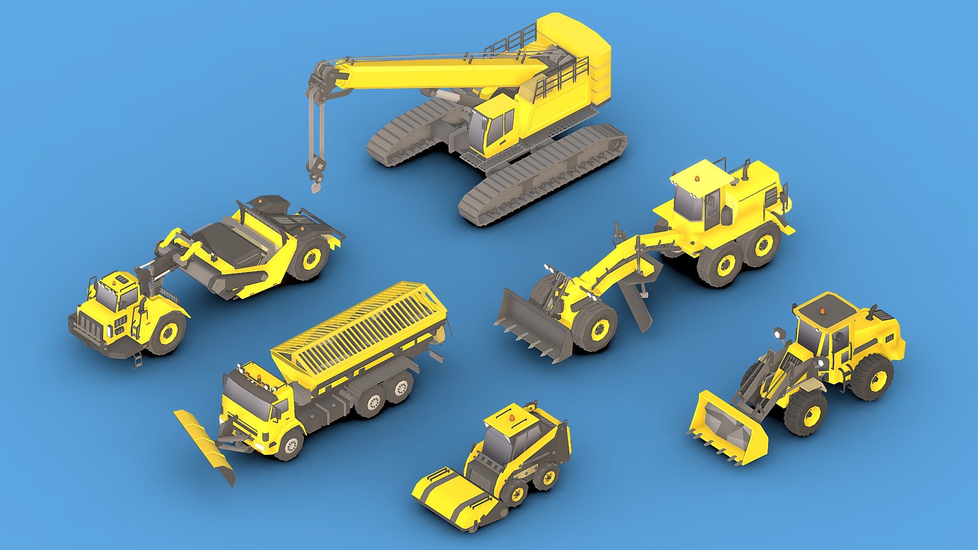 Collection Construction Vehicles Low- Poly_2

This package includes 6 vehicles.

You can use these models in any game and project.

This model is made with order and precision.

Textures format is PNG.

Separated parts (body. wheels).

Very low poly.

Low poly (Mobile Optimized).

Vehicles have separate parts.

Average poly count: 3/000 Tris.

Texture size: 256(PNG).

Each model has 1 textures .

Each model has 1 materials .

The parts are separated.

format: fbx, obj, 3d max