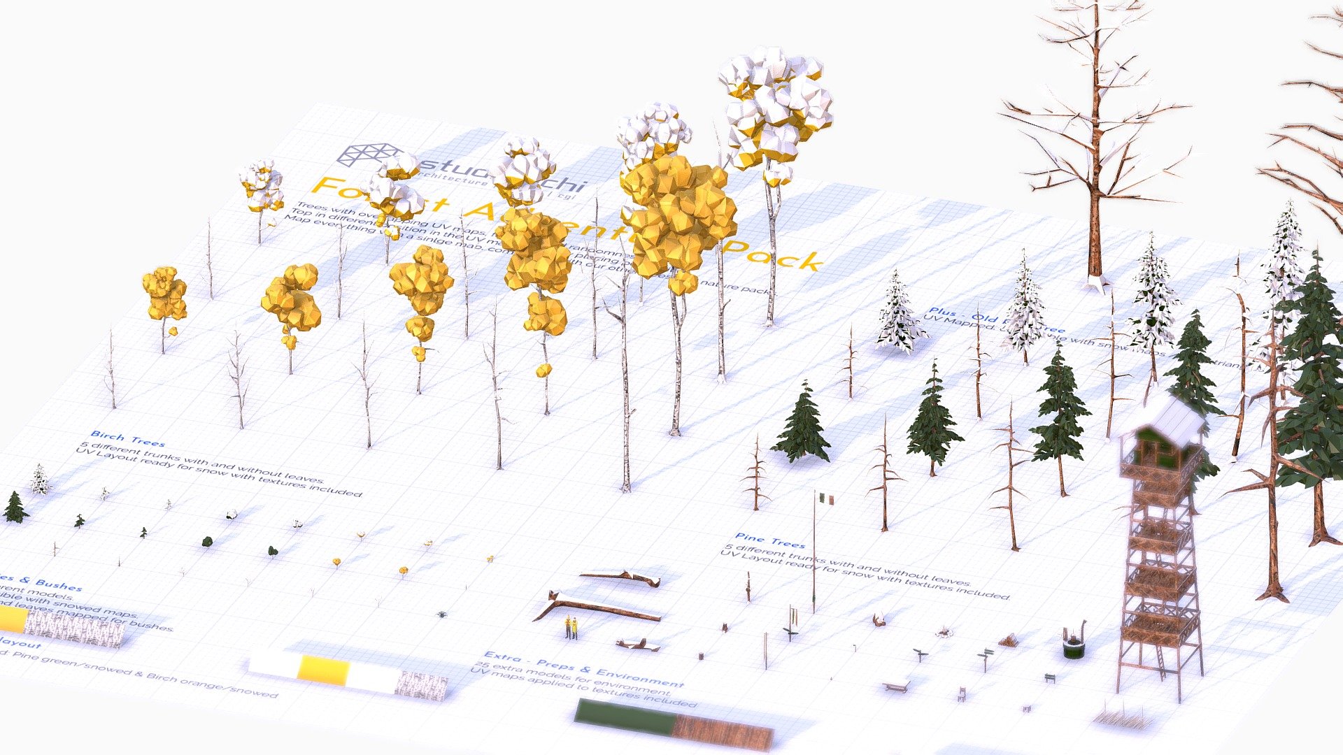 A huge pack of trees and props for your forest environment scenes. Objects mapped to fit our unique textures, fitting geen and snowed vegetation and objects.  Available soon!! 