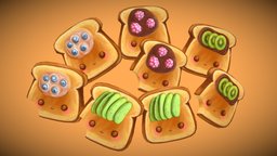 Cute Toasts - Fruity fruit, cute, assets, prop, breakfast, raspberry, chocolate, bread, fbx, props, kawaii, toast, avocado, kiwi, blueberry, fruity, supplement, blueberries, asset