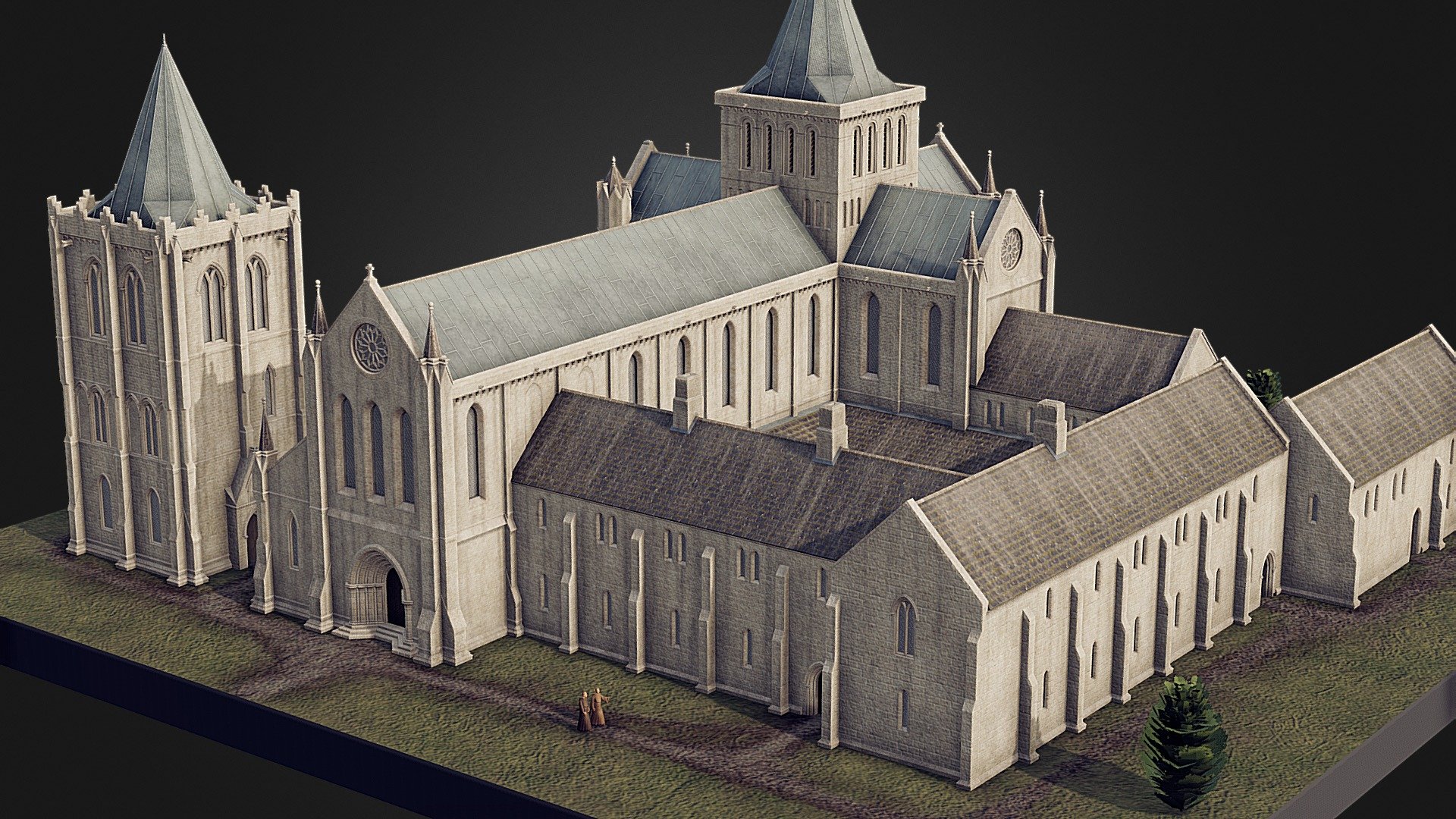 Digital 3D reconstruction model of Cambuskenneth Abbey, Stirling, Scotland showing what the abbey and adjoining monastic buildings might have looked like in its rebuilt state following an attack by the army of King Richard II of England in 1383. The abbey has an accompanying freestanding bell tower or campanile which is unusual in Scotland. The tower is the only surviving part of the original church that remains standing to this day. It may have been spared its destruction by virtue of its use as a watchtower. The exterior masonry of the church may have appeared with a much brighter, lime-washed rendering than I have shown in this reconstruction. The masonry may also have featured decorative (painted) elements but such evidence for the exterior rendering of churches from before the reformation is hard to come by. The forms of the monastic buildings including the monks' dormitory, refectory, cloister and chapterhouse are entirely speculative.