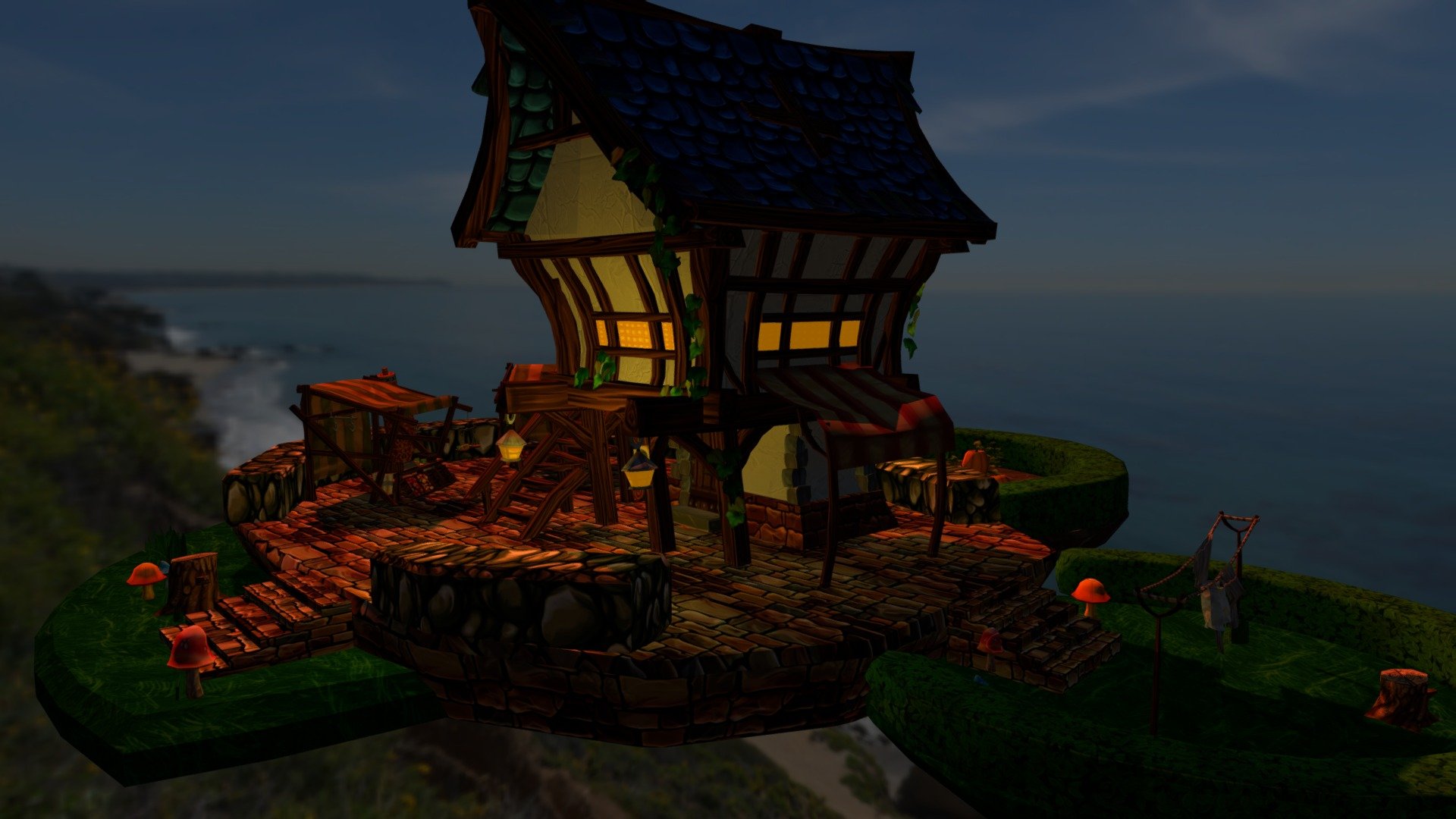 This is a very simple scene including everything that I made for my most recent project: Medieval Village. My task was to make the tailor shop which I created to be very poor looking and also included a little sassy drawing of him on the front of the house to show his personality. The main plinth got a market with some materials, there is a pumpkin patch in the back that was not made for the tailor himself but something for the entire village to use. Then there is a tiny island with some underwear and clothes to dry. I also made some cute little mushrooms and tree stumps to give some more life and colour. 