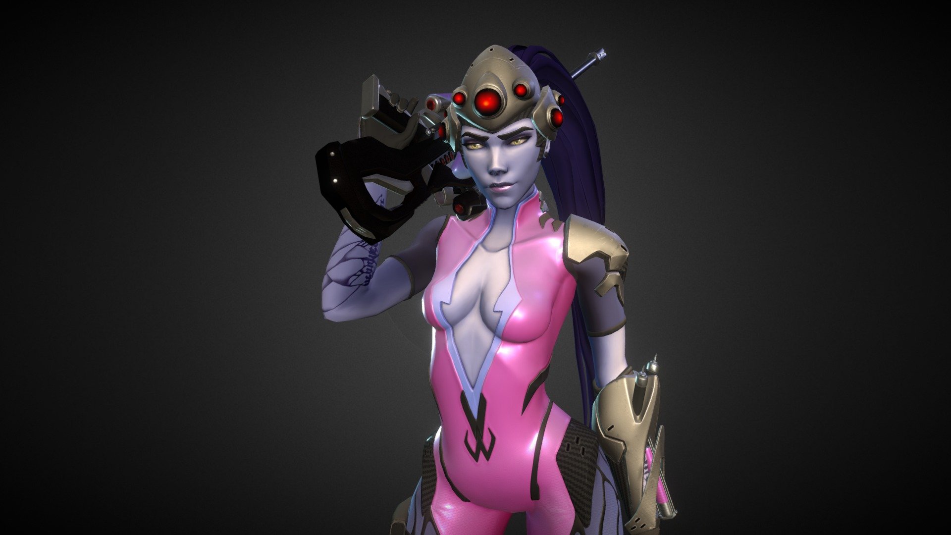 https://www.artstation.com/artwork/J095n
Fan art of the beautiful character Widowmaker from Overwatch.

Full PBR game ready model - Total 38k triangles

Character 25k,  Weapon 9k, Hair 3k 

Software: Zbrush, 3ds Max, Substance Painter, 3D Coat, Photoshop