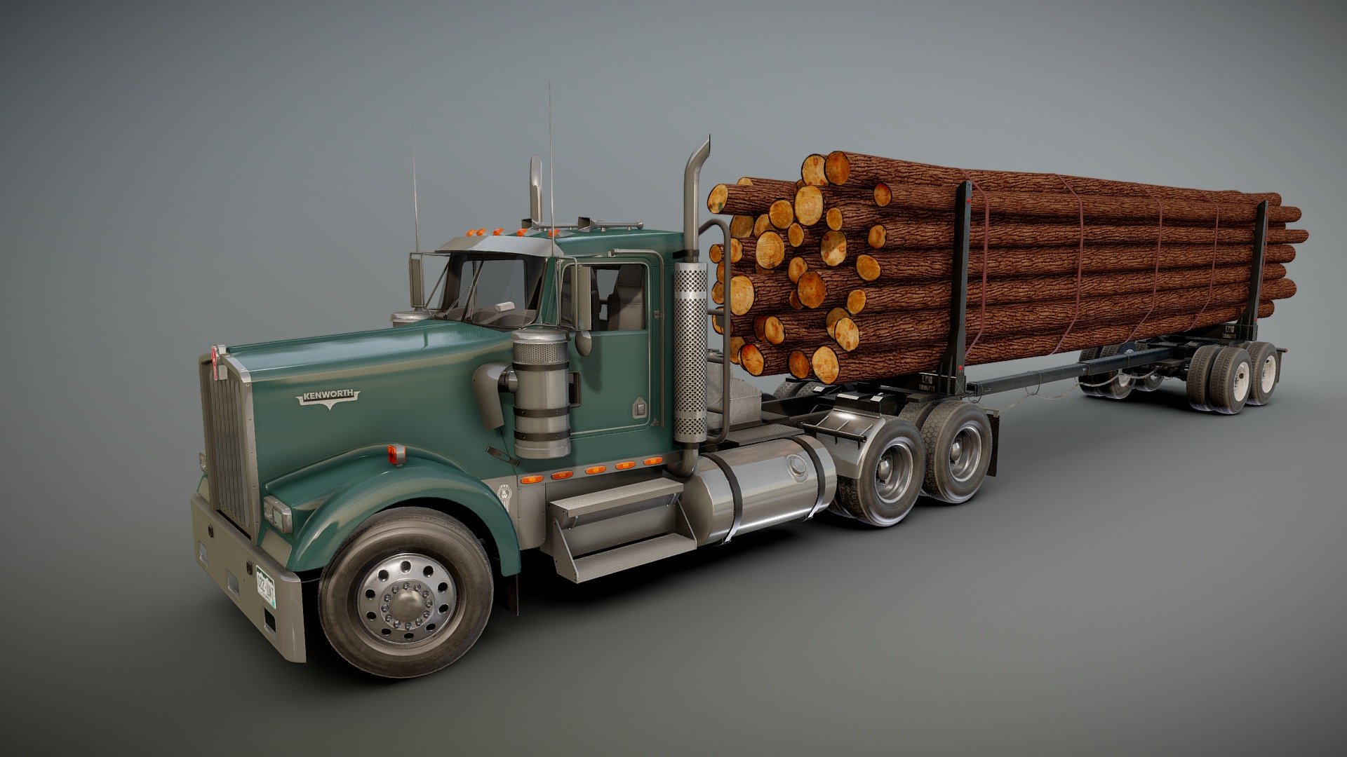 Kenworth log truck game ready model.

Full textured model with clean topology.

High accuracy exterior model

High detailed rims and tires, with PBR maps(Base_Color/Metallic/Normal/Roughness.png2048x2048 )

Different tires for rear and front wheels.

Different wheels for rig and log trailer.

High detailed cabin - seams, rivets, chrome parts, wipers and etc.

Lowpoly interior - 1811 tris 1074 verts.

Wheels - 20774 tris 11352 verts.

Truck model - 65644 tris 38033 verts.

Full model - 95248 tris 55065 verts.

Original scale.

Truck size

Lenght 9.3m , width 3.16m , height 4.1m.

Full size

Lenght 25.1m , width 3m , height 4.3m.

Model ready for real-time apps, games, virtual reality and augmented reality.

Asset looks accuracy and realistic and become a good part of your project.