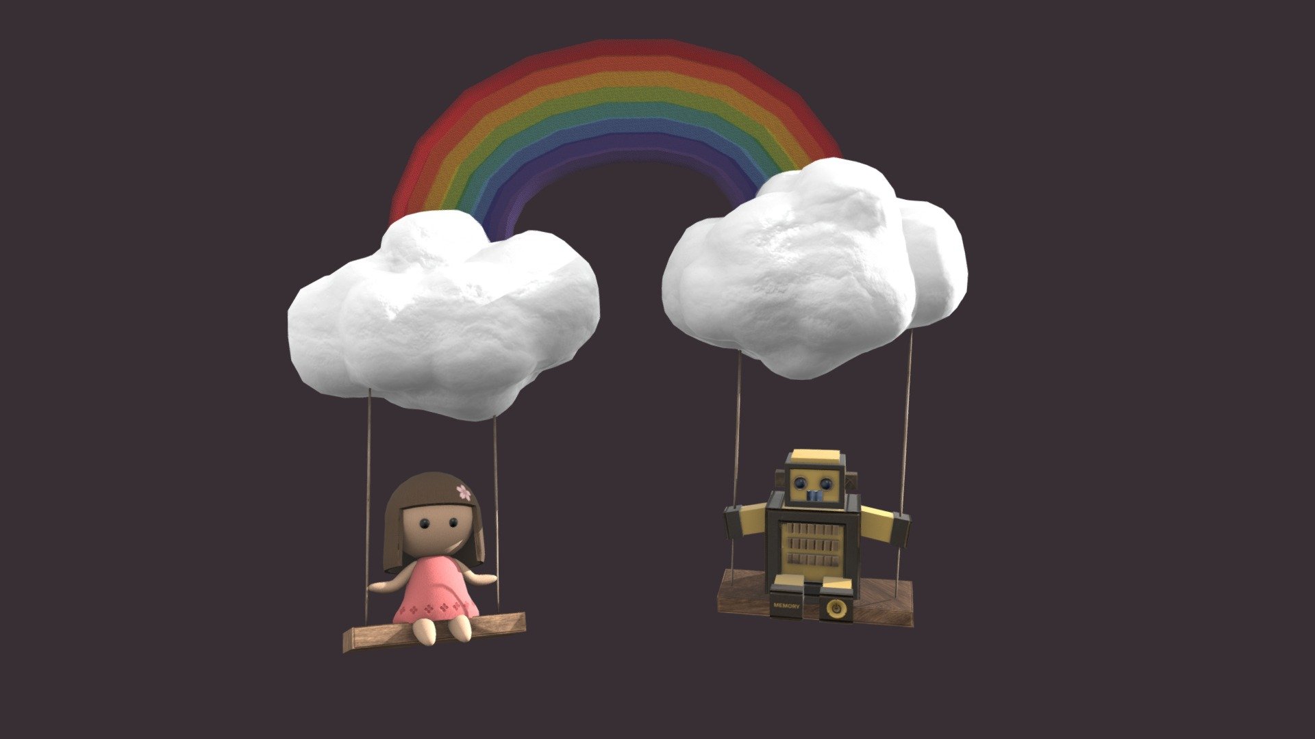 Flowey, a knitted doll, is enjoying her time with her best robot friend, Bozo, on the swing!

This is a student project.