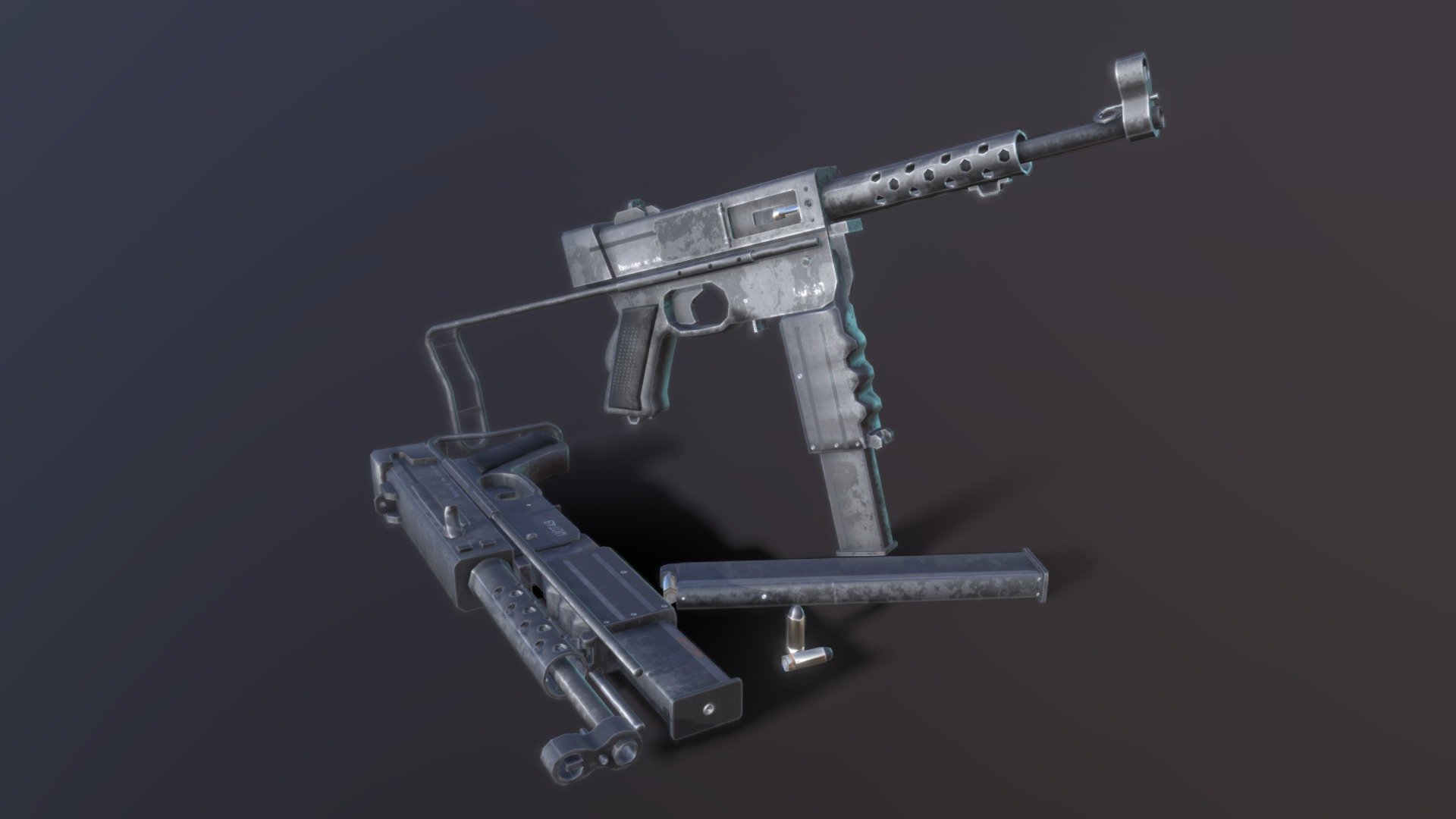 The WOT 49 (Weapons Of Tules) is a french submachine gun used in the French Army form 1950 to1980. 
An exotic weapon not really known but quite original and intersesting in its way of folding.
- 3D Model close to the original but partially reinterpreted
- Proportions are partially respected compared to the original weapon
- Optimised for Game engine (Tested on Unity 3D)
- Some parts are separated from the main model for a better  3D animation usecase.

Made with Cinema4D
Textured with ArmorPaint

//////////////// Model informations ////////////////




Points : 7385

Polygons : 7268

Objects: 23

One material made of 4 Textures (20482048 px) for all the model  (Albedo (base), Normal, Metal, Rough*)
